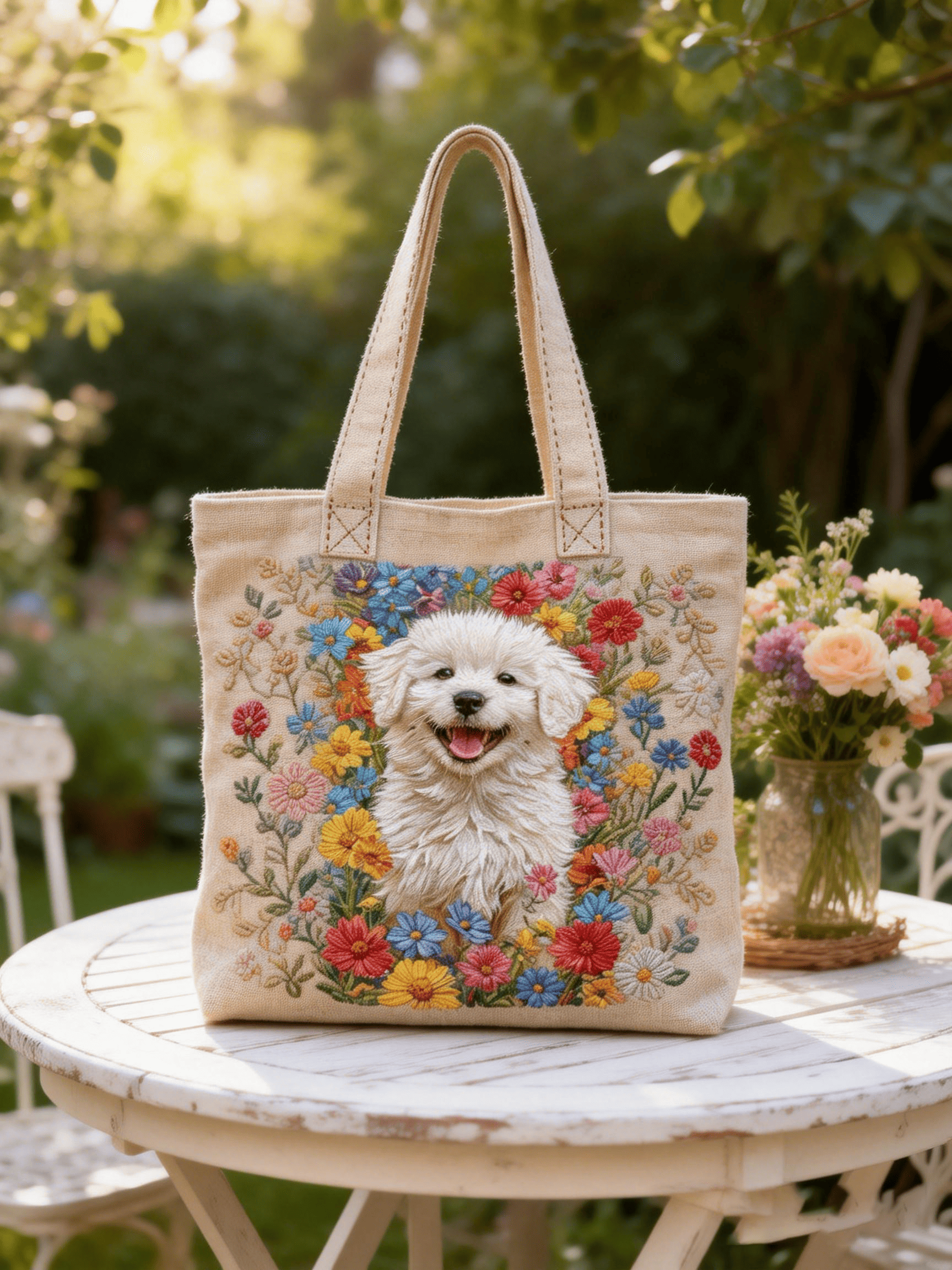 Floral Puppy Embroidered Canvas Tote Bag