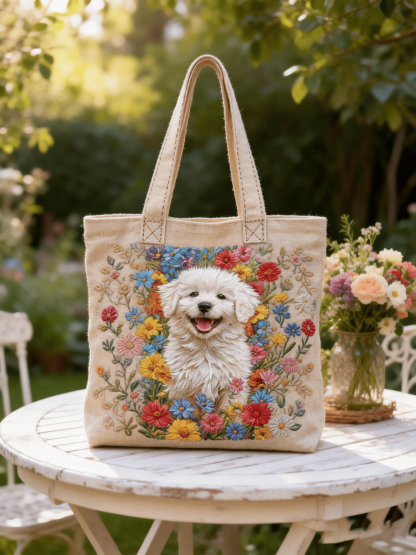 Floral Puppy Embroidered Canvas Tote Bag