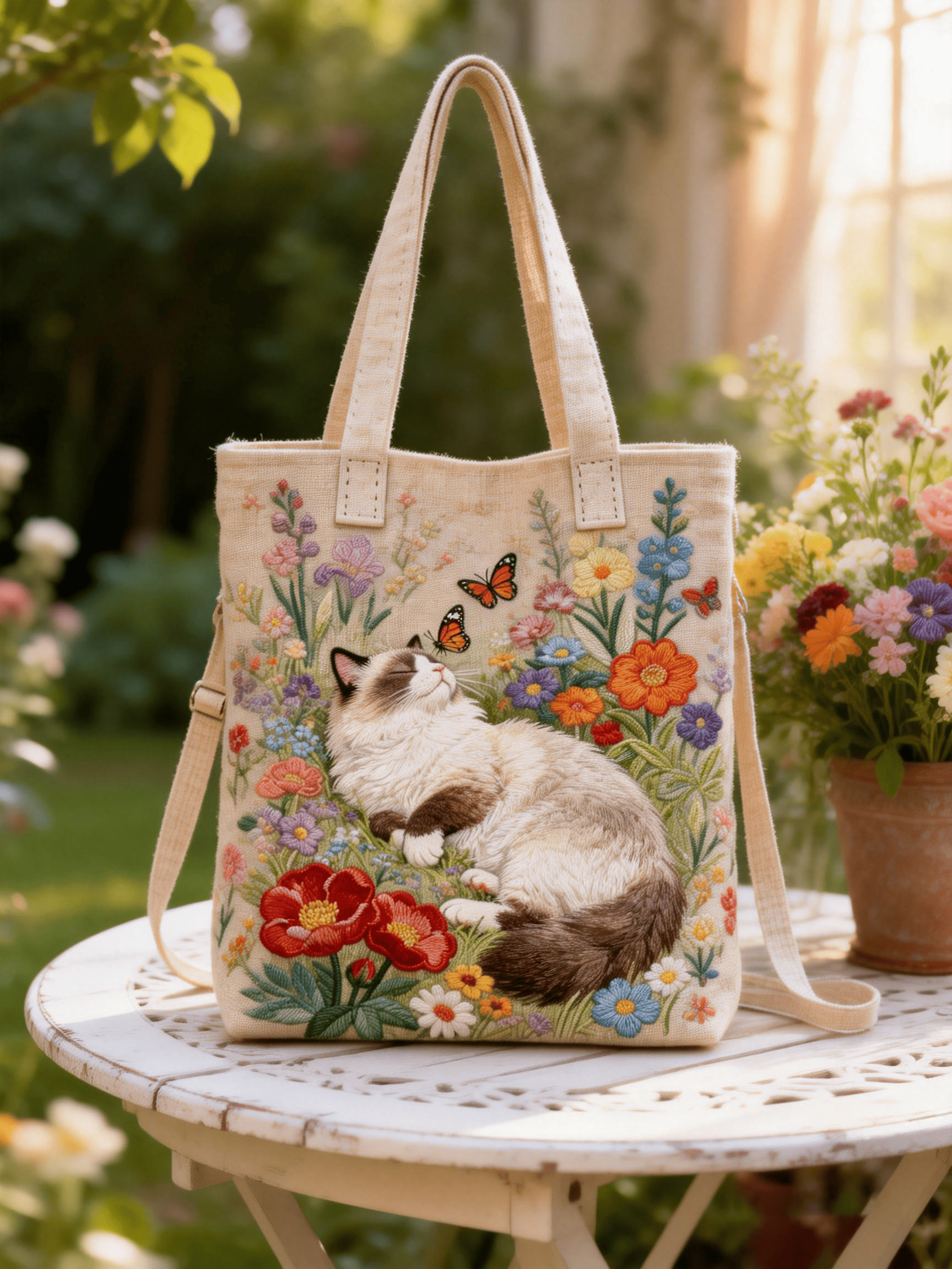 Ragdoll Cat Floral & Butterfly Embroidered Tote