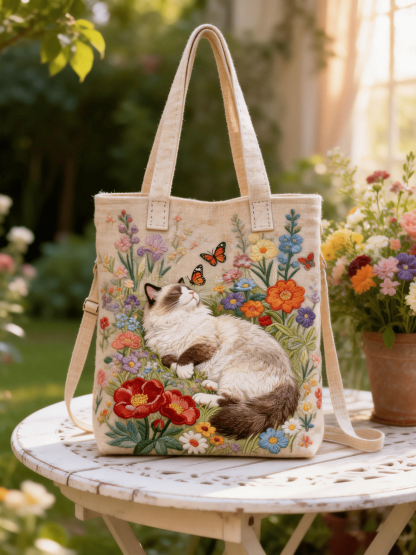 Ragdoll Cat Floral & Butterfly Embroidered Tote
