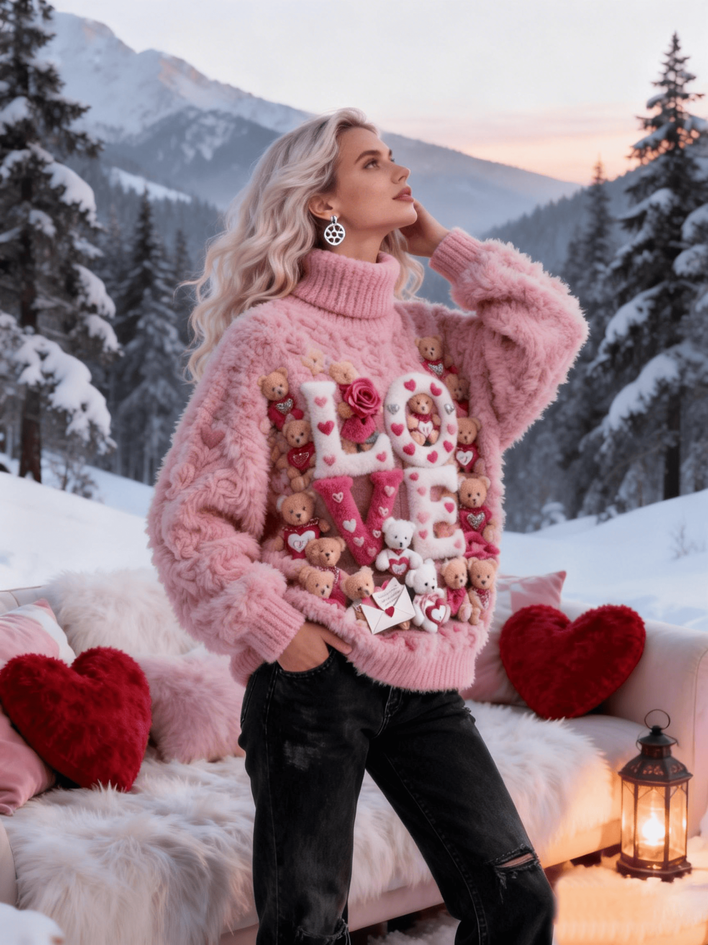 Women's Pink Base All-Over Bear & Heart "Love" Turtleneck Sweater