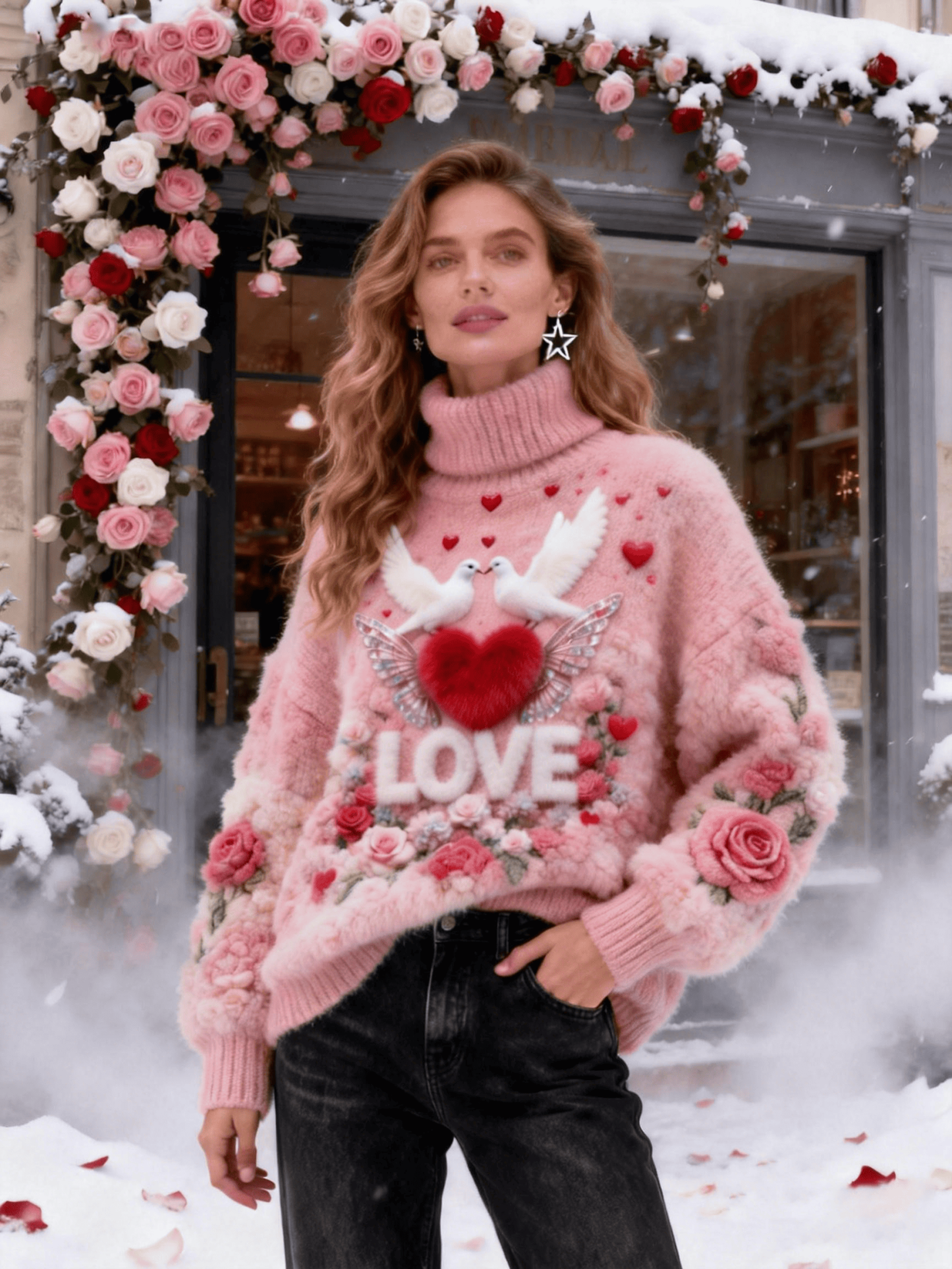 Women's Pink Base Dove & Heart "Love" Turtleneck Sweater