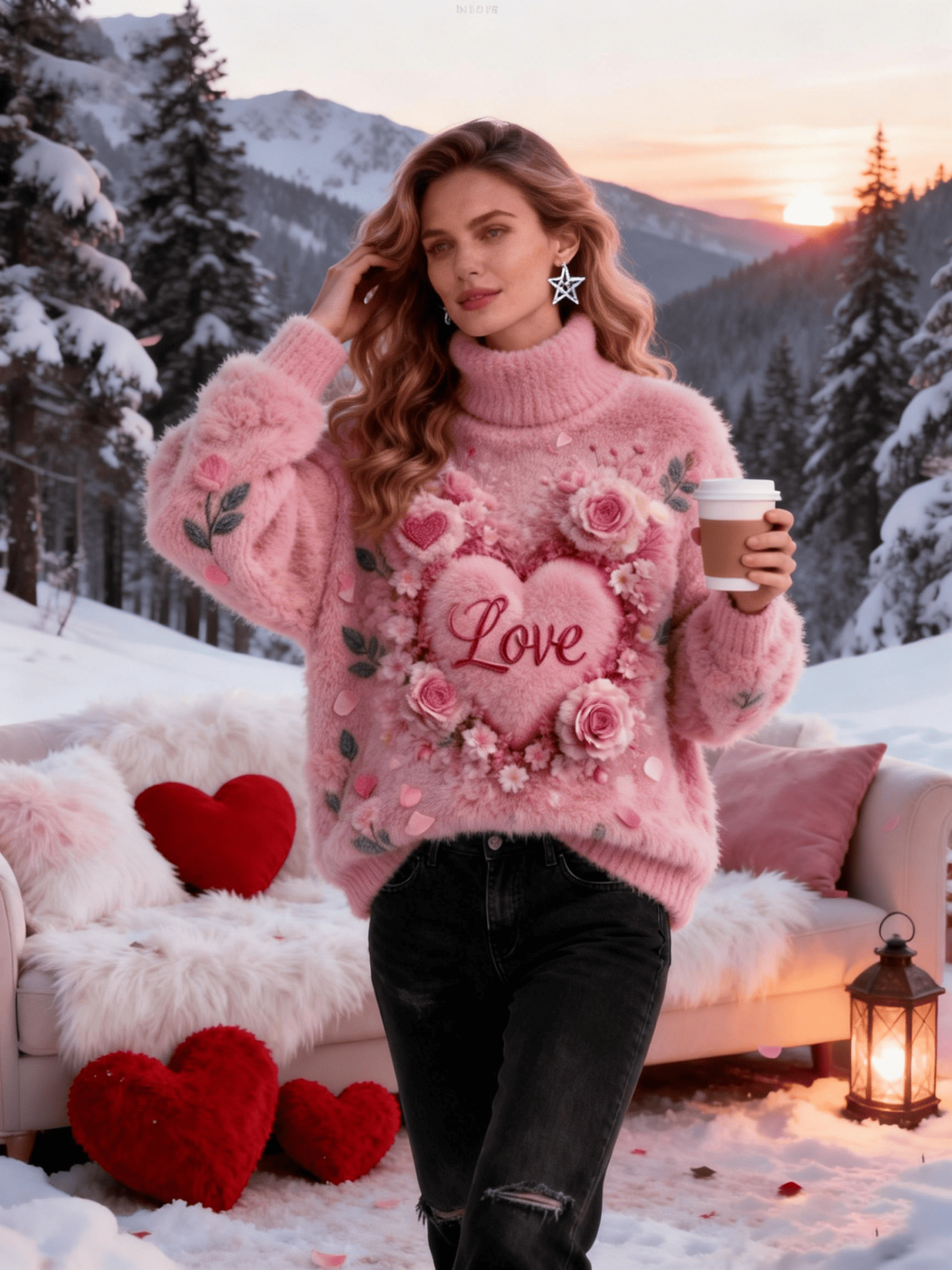 Women's Pink Flower Surrounding Heart "Love" Turtleneck Sweater