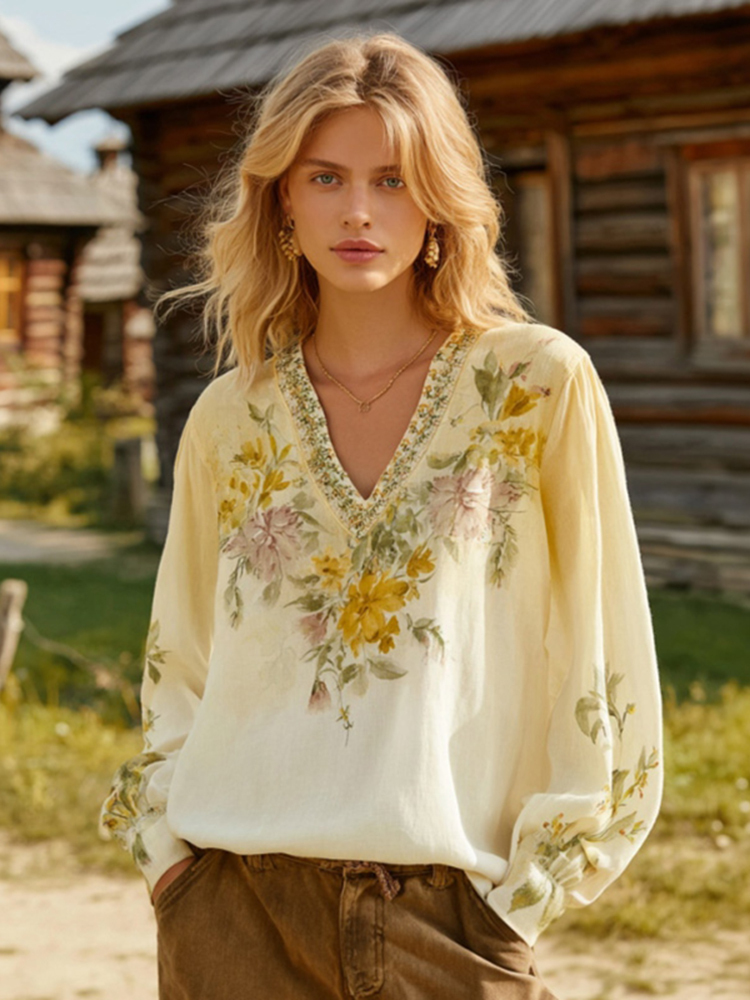 Women's Bohemian Floral V-neck Long-sleeved T-shirt