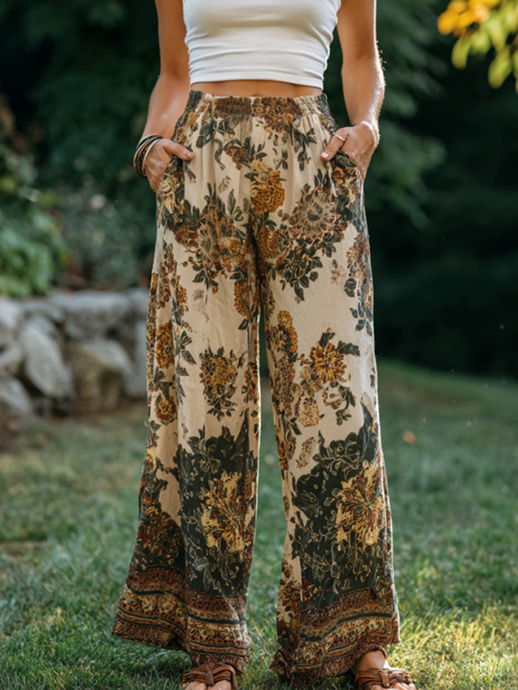 Women's Retro Bohemian Floral Patchwork Linen Trousers