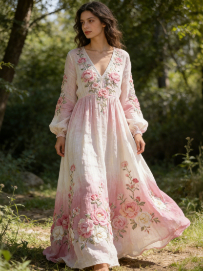 Vintage Boho Print V Neck Long Sleeve Flowy Maxi Dress