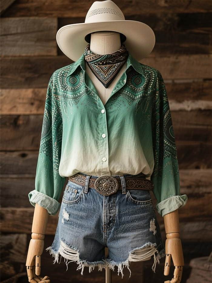Women's Ombre Green Paisley Print Western Shirt