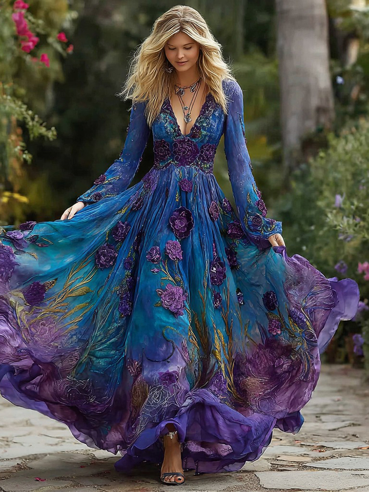 Women's Vintage Rose Floral Gradient Pattern V-neck Long-sleeved Dress