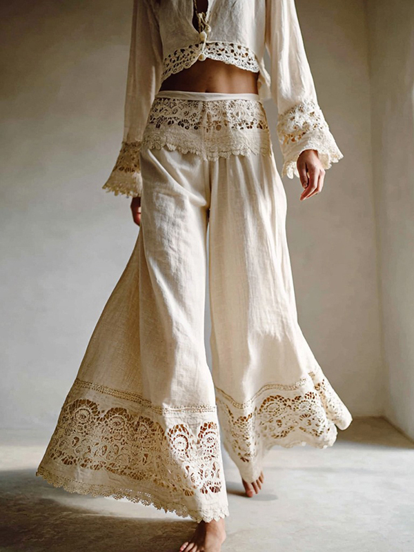 Women's Vintage Lace-paneled Casual Linen Pants