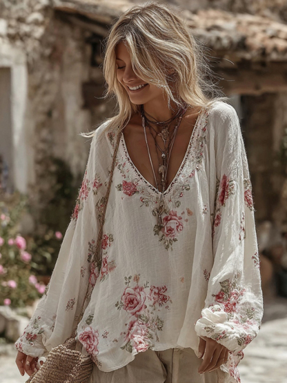 Women's Retro Roses Print V-neck Linen Blend T-shirt