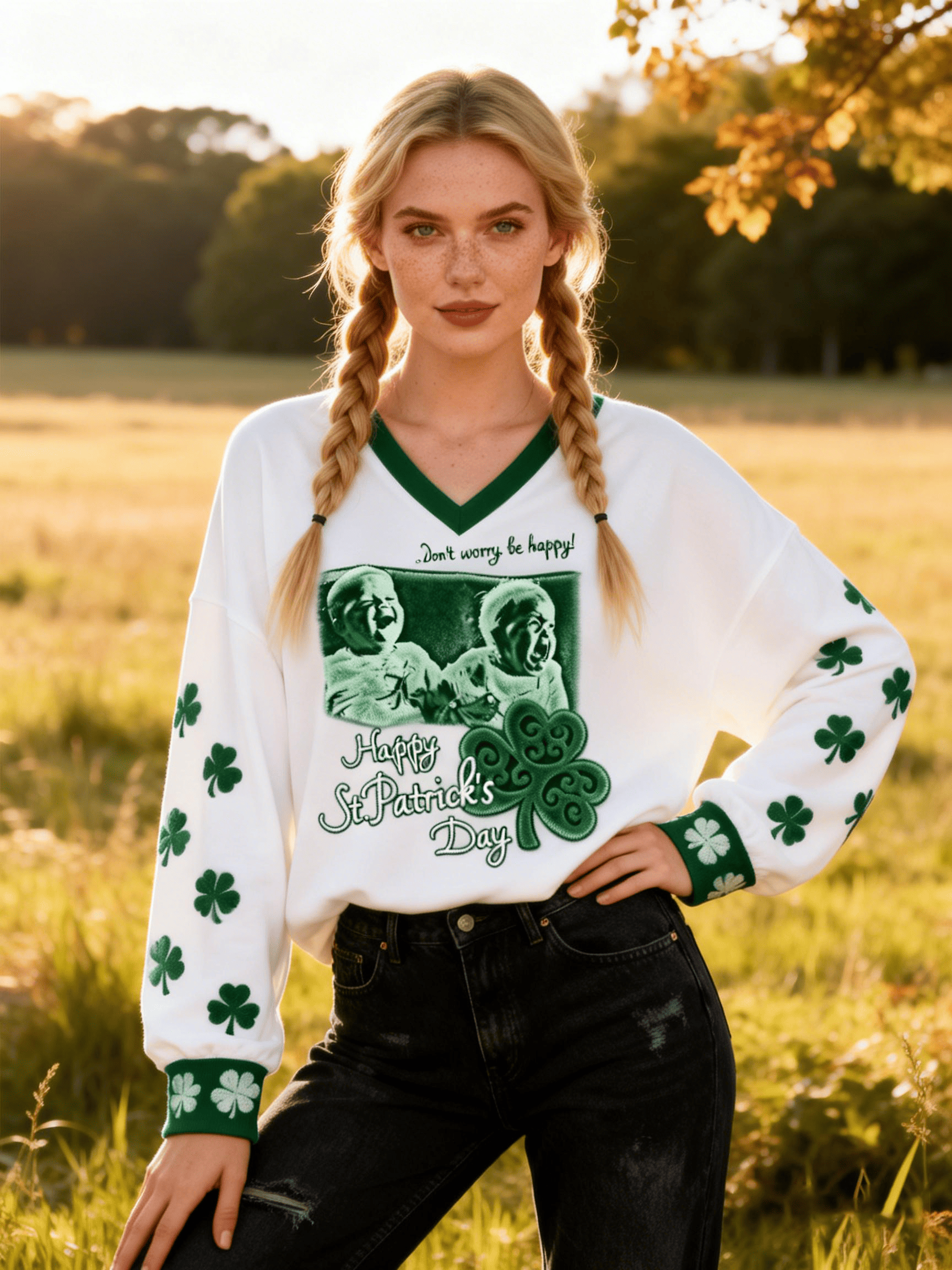 Women's St. Patrick's White-Green V-Neck Sweatshirt Clover Slogan