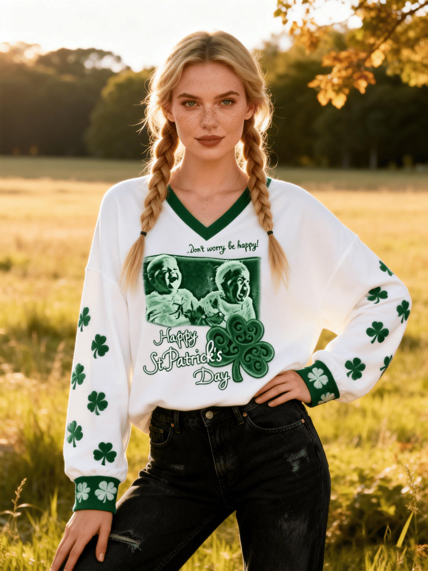 Women's St. Patrick's White-Green V-Neck Sweatshirt Clover Slogan