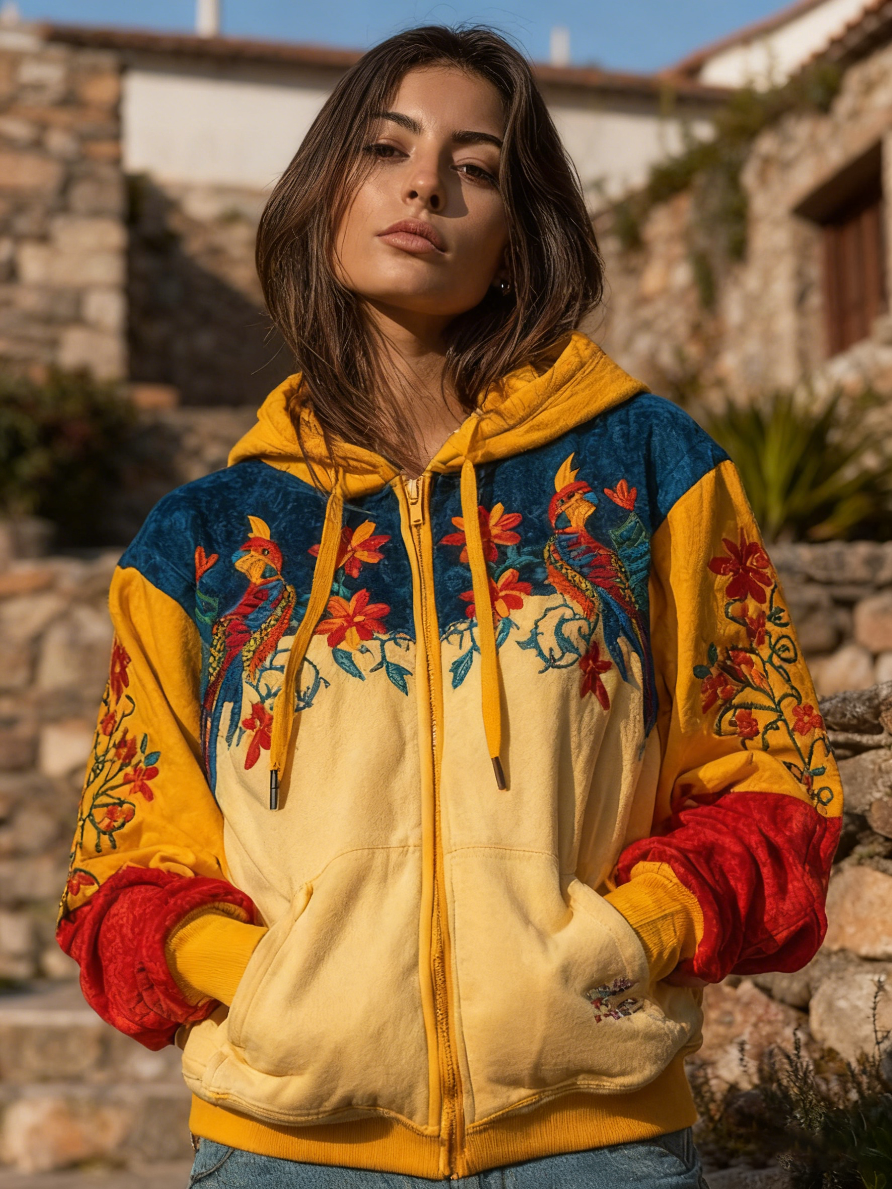Women's Venezuelan Traditional Floral And Parrot Pattern Casual Zip-up Hoodie