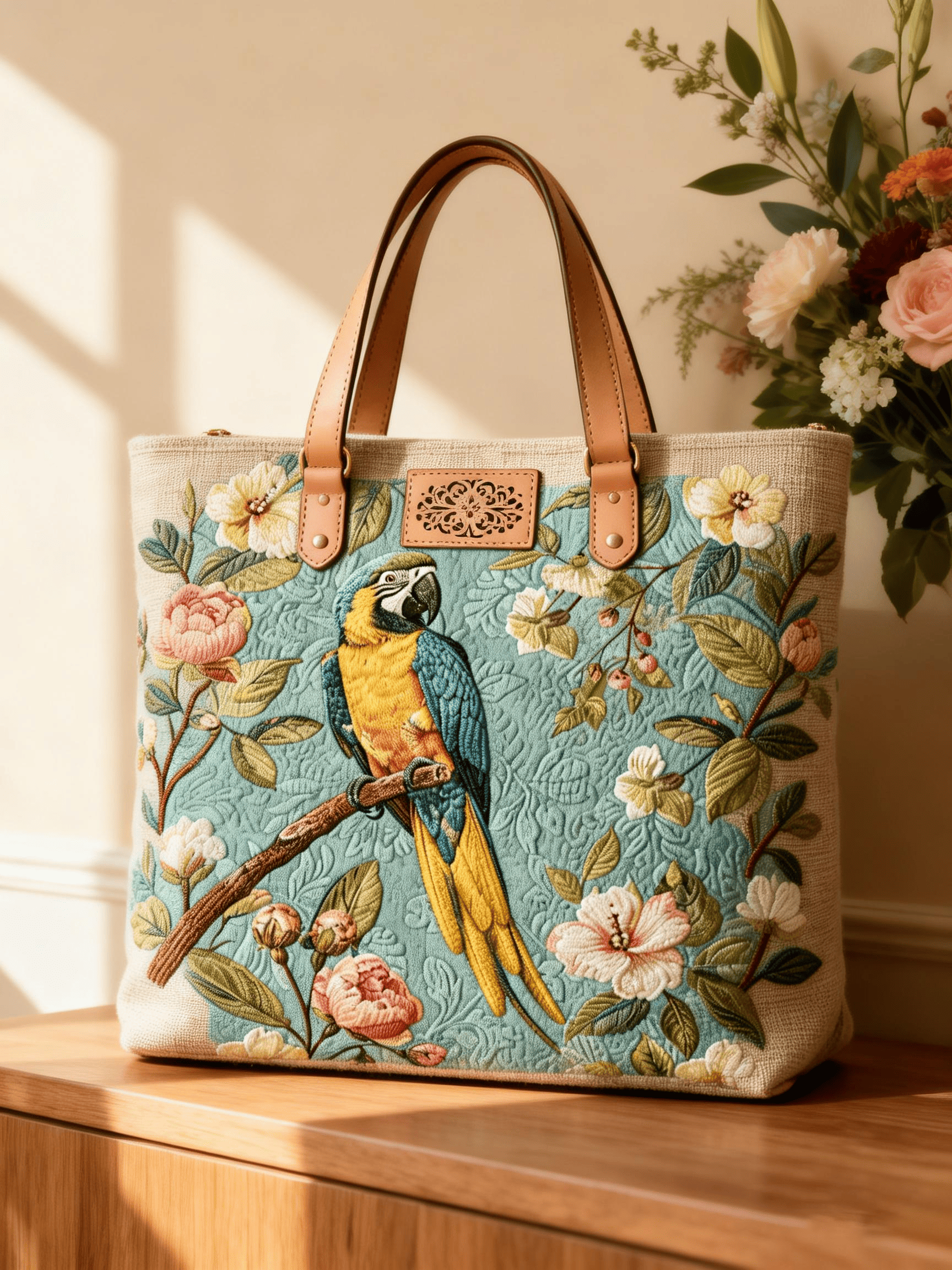 Macaw Floral Embroidered Canvas Tote