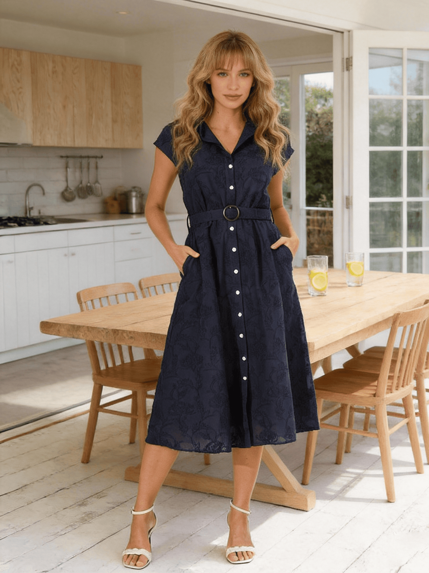 Women's Navy Blue Jacquard Collared Short Sleeve Belted Shirt Midi Dress