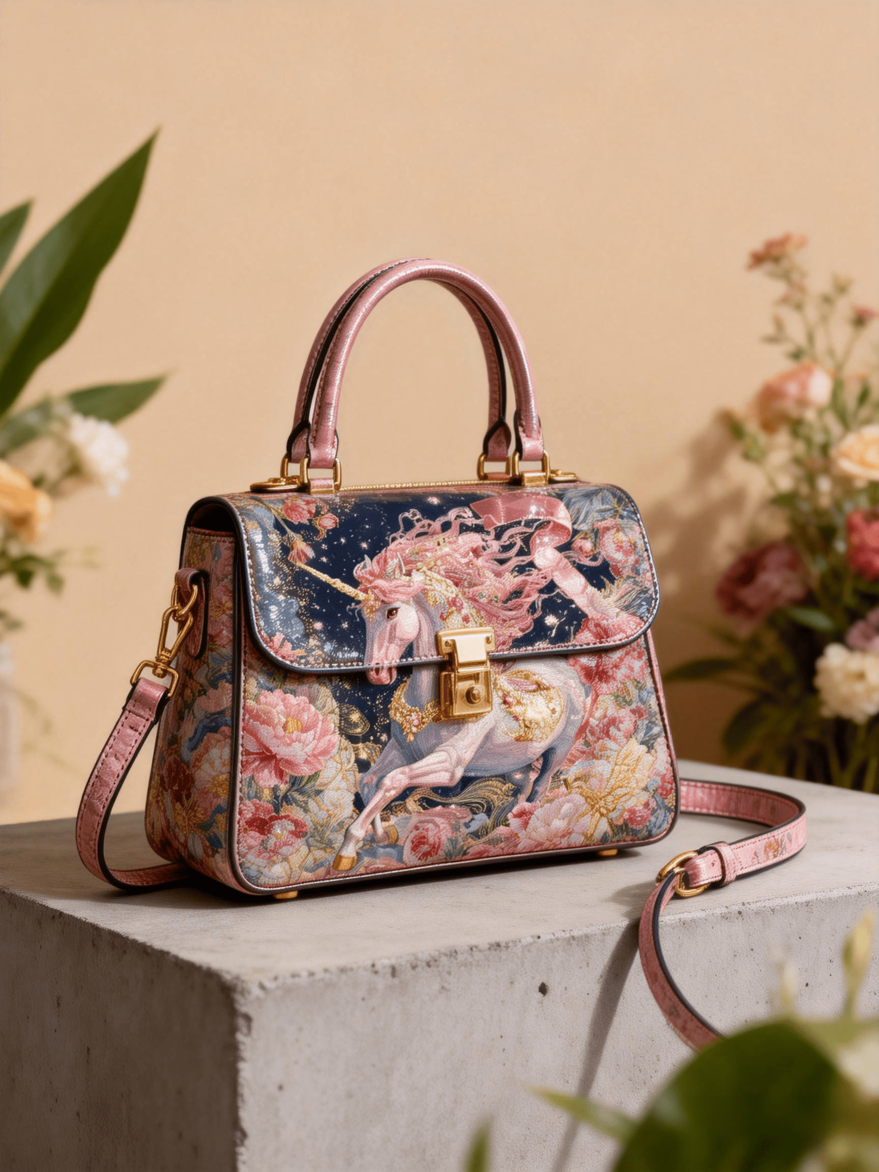Dreamy Unicorn Floral Embroidery Satchel Bag