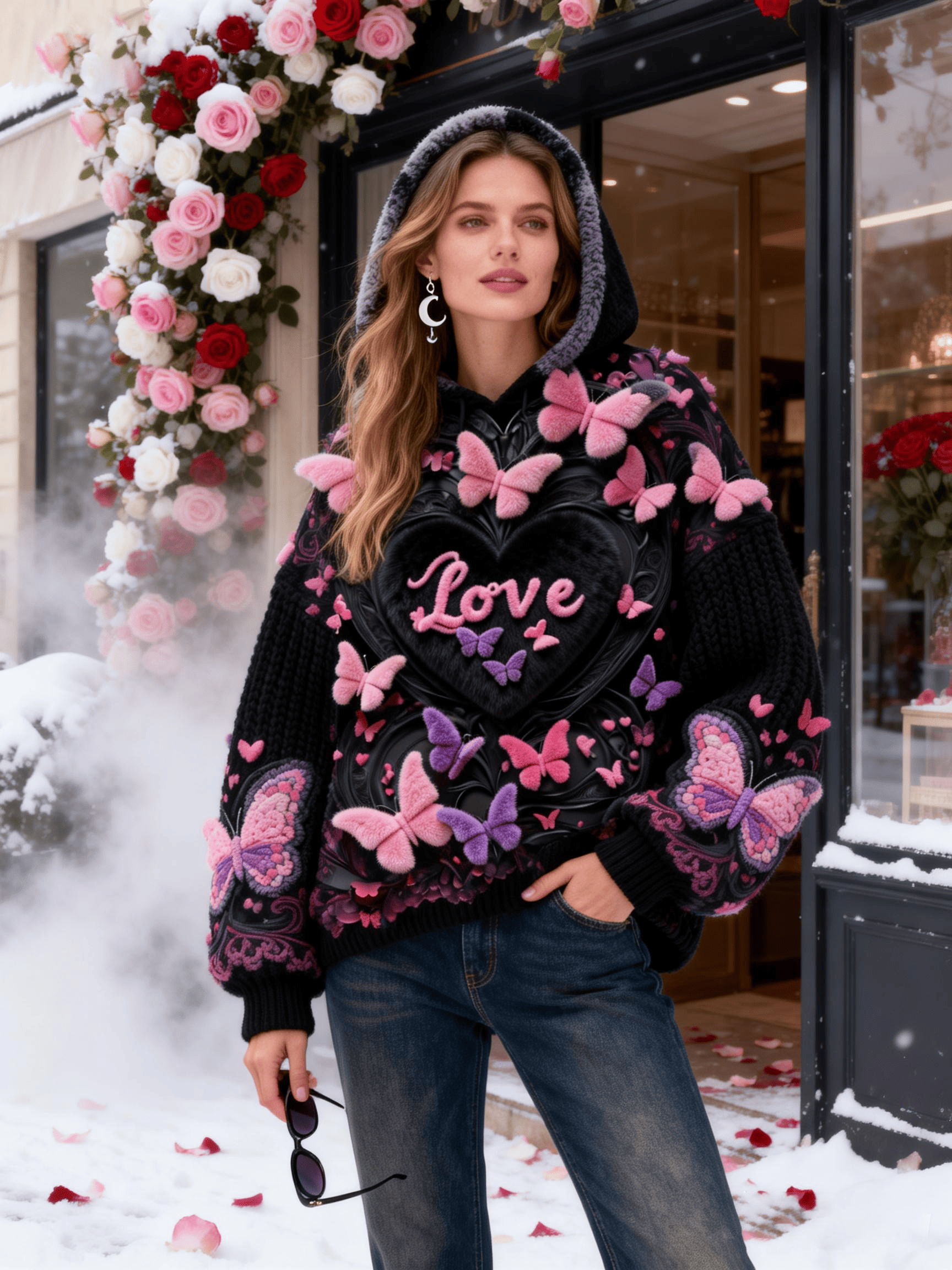 Women's Black & Pink Butterfly Heart "Love" Decor Hoodie