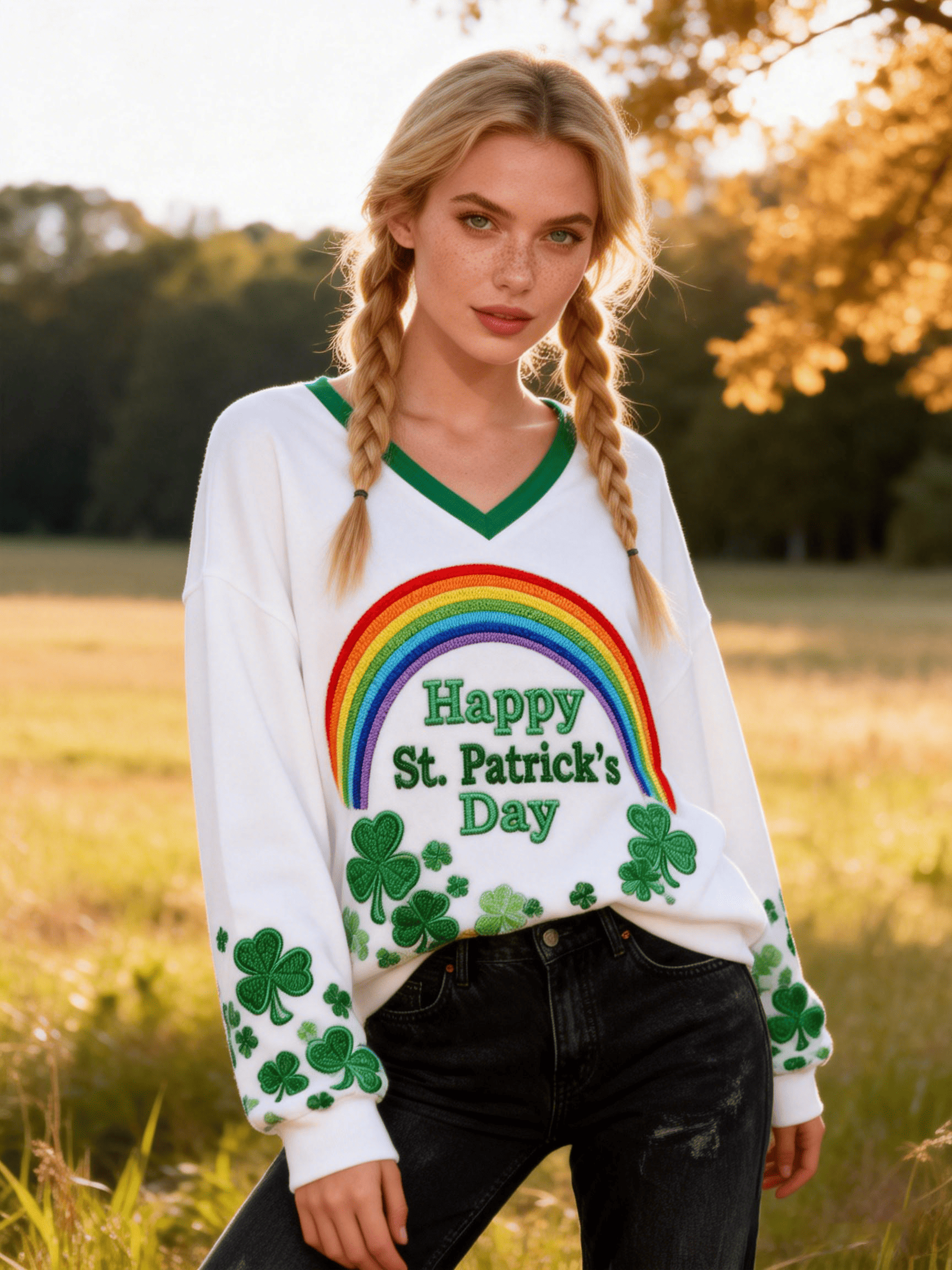 Women's St. Patrick's White V-Neck Sweatshirt Rainbow Clover