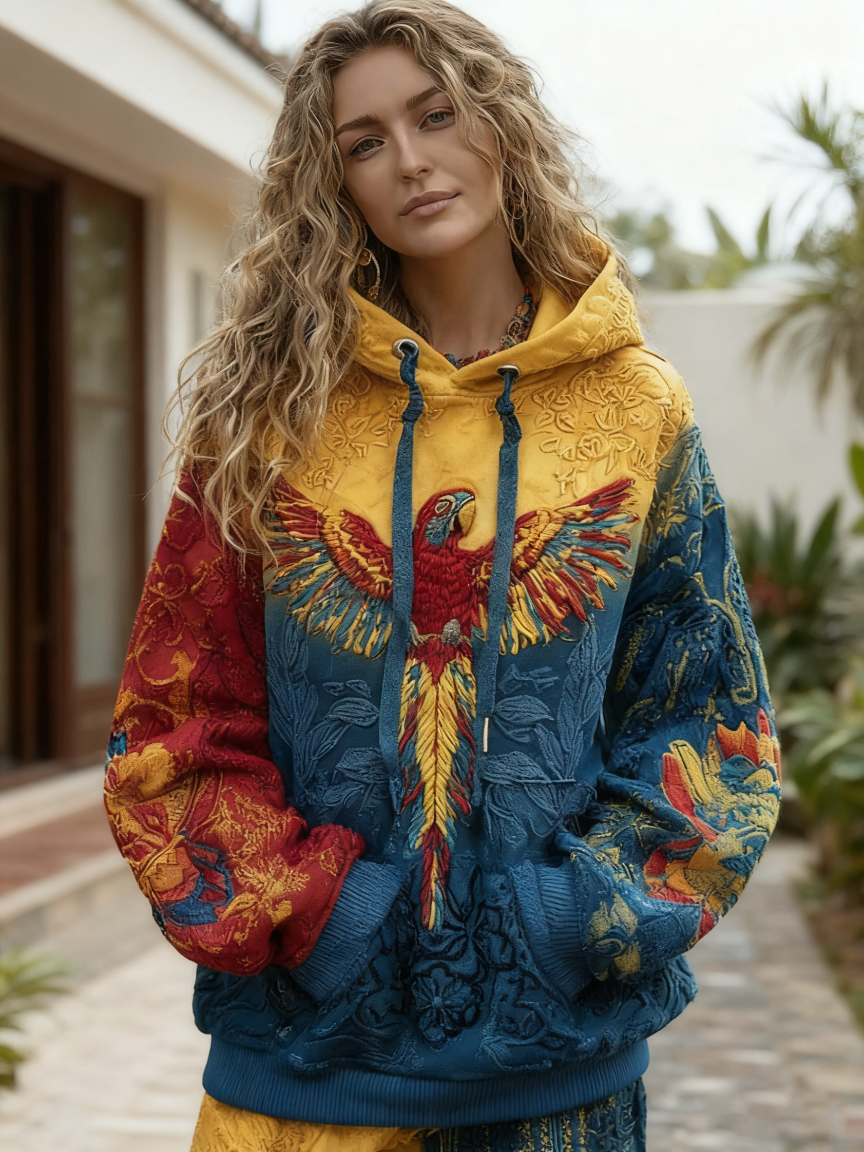 Women's Venezuelan Parrot Traditional Floral Contrast Hoodie