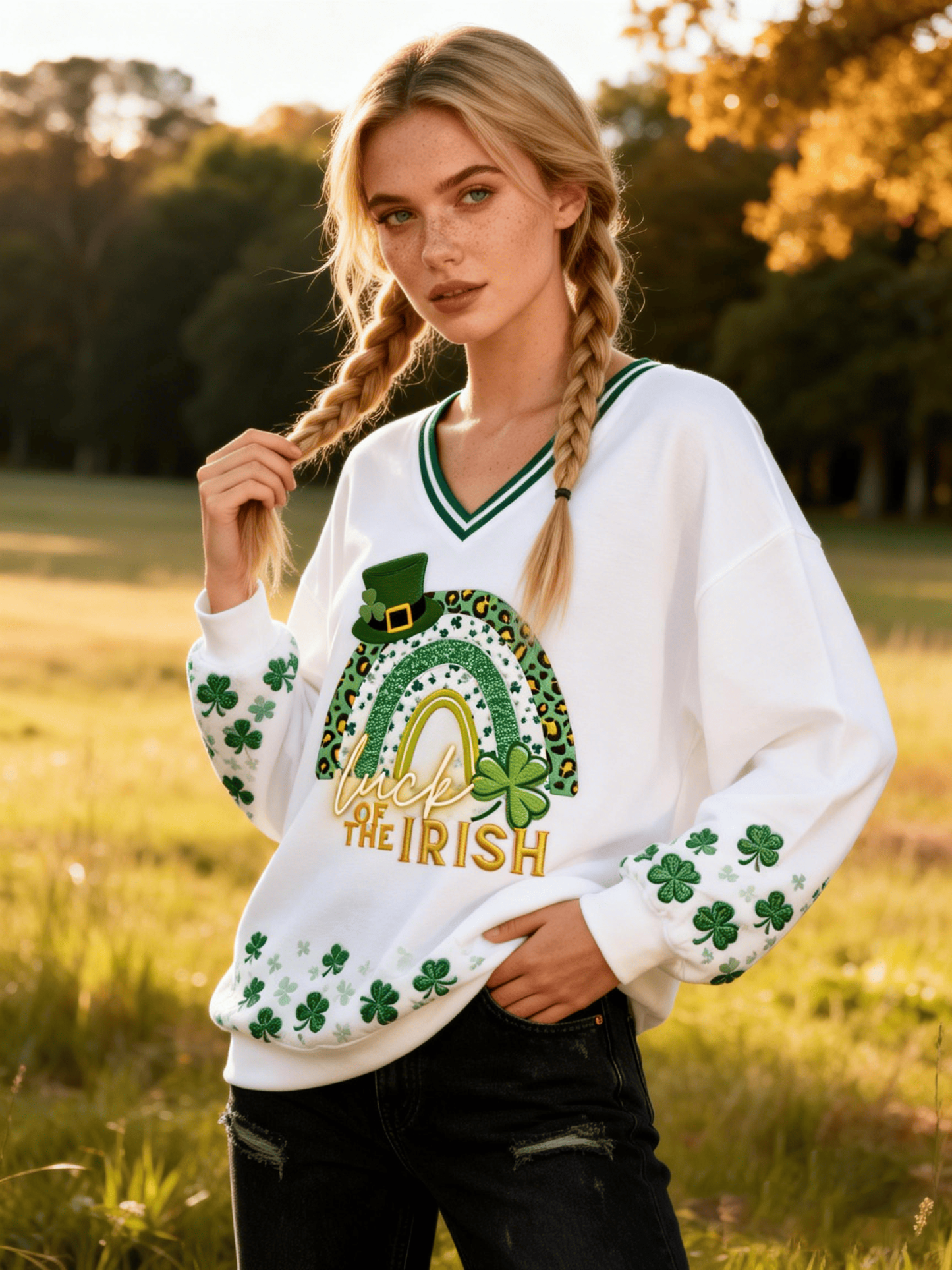 Women's St. Patrick's White V-Neck Sweatshirt Leopard Rainbow  Luck of Irish