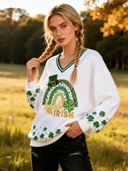 Women's St. Patrick's White V-Neck Sweatshirt Leopard Rainbow  Luck of Irish