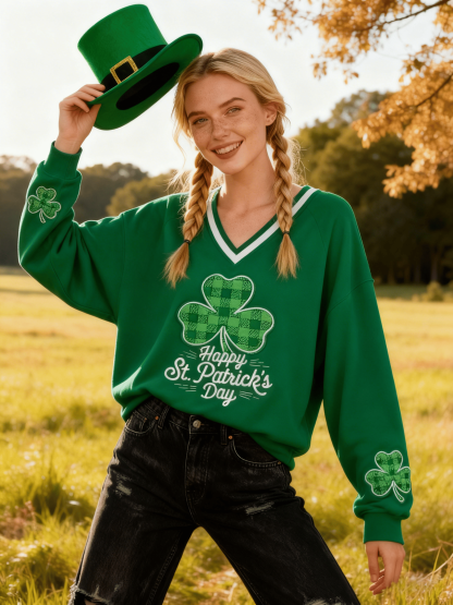 Women's St. Patrick's Green V-Neck Sweatshirt Plaid Clover Slogan