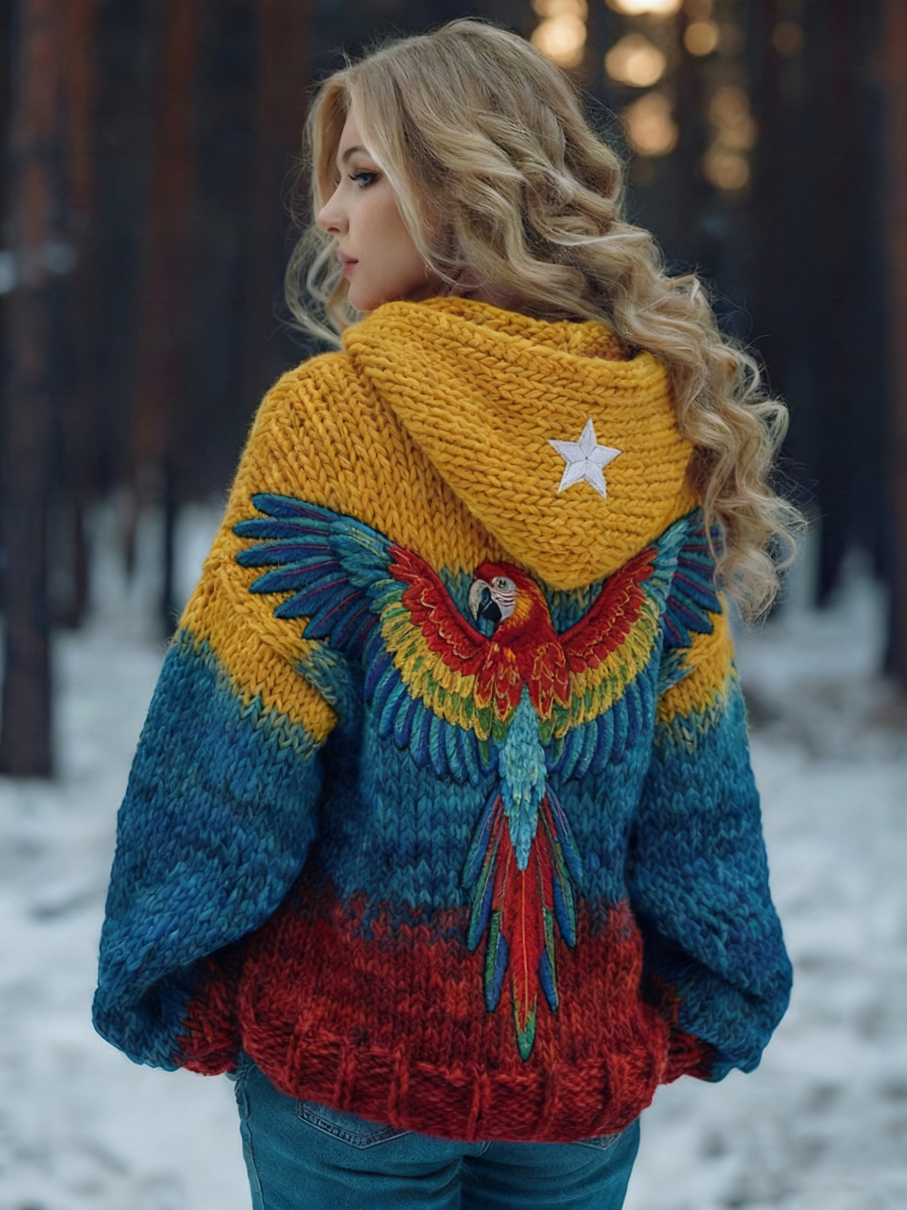 Women's Vintage Venezuelan Macaw Pattern Knit Zip Up Hoodie