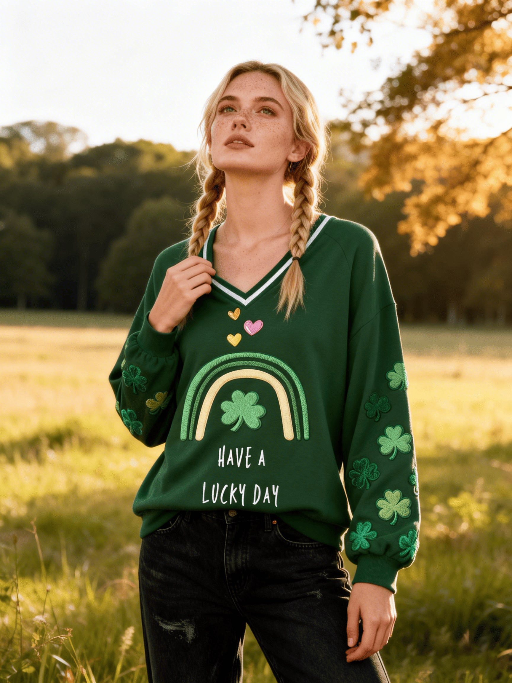 Women's St. Patrick's Green V-Neck Sweatshirt Rainbow Clover Lucky Day