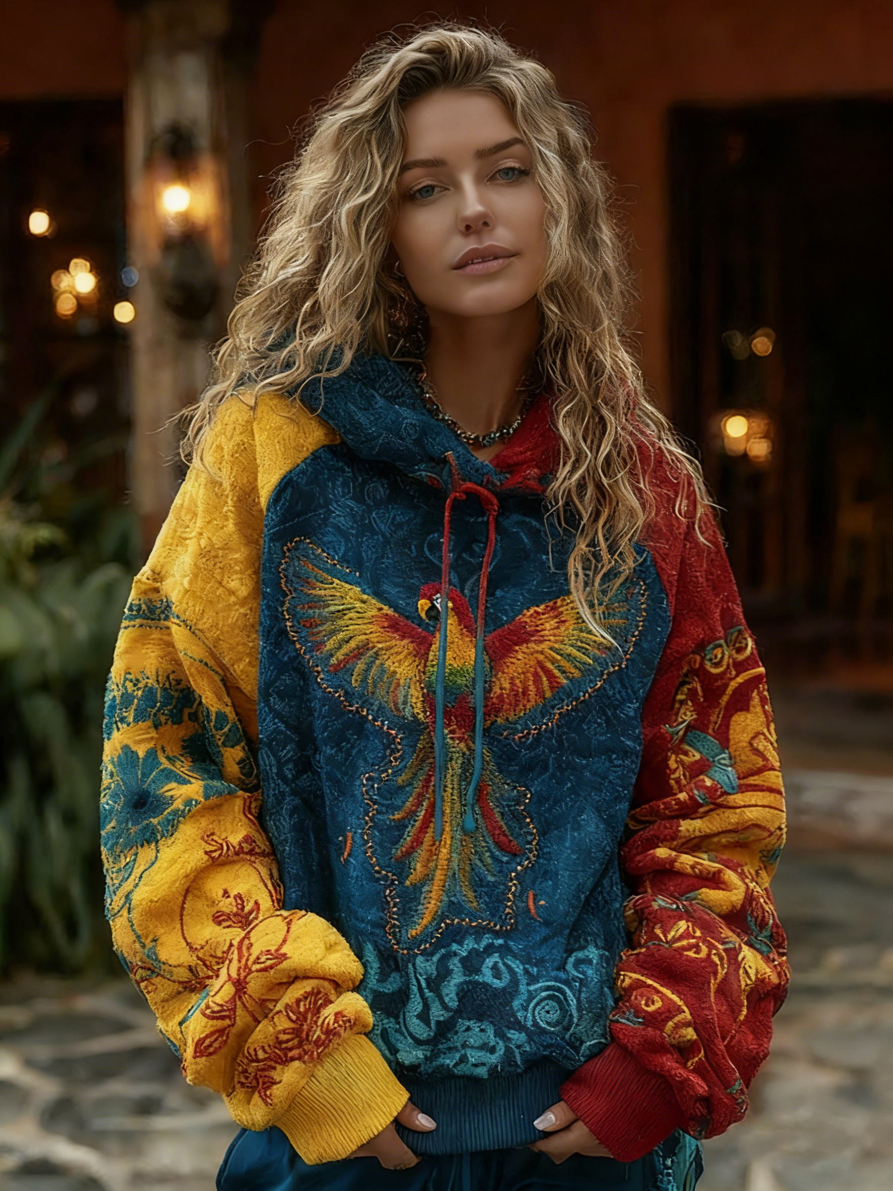 Women's Venezuelan Parrot Traditional Floral Contrast Hoodie