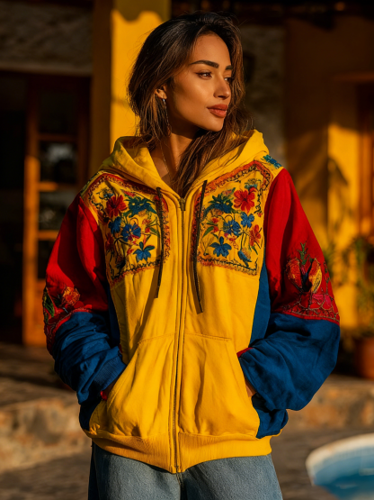 Women's Venezuelan Traditional Floral And Parrot Pattern Casual Zip-up Hoodie