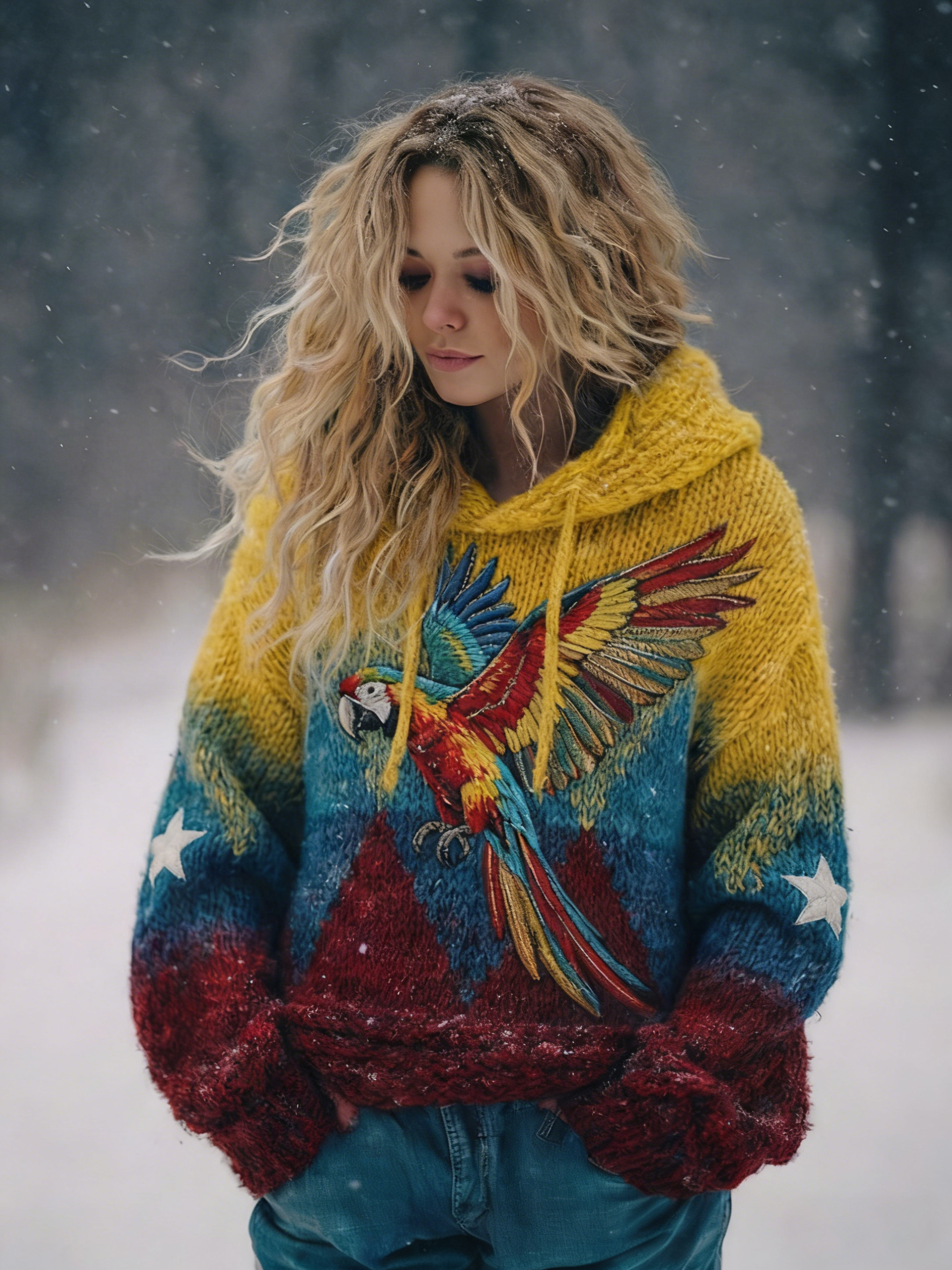 Women's Vintage Venezuelan Macaw Pattern Cozy Knit Hoodie