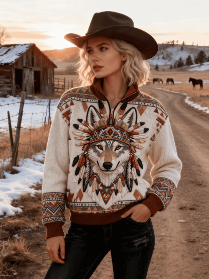 Women's Western Native American Wolf Totem Feather Headdress Half-Zip Sweater