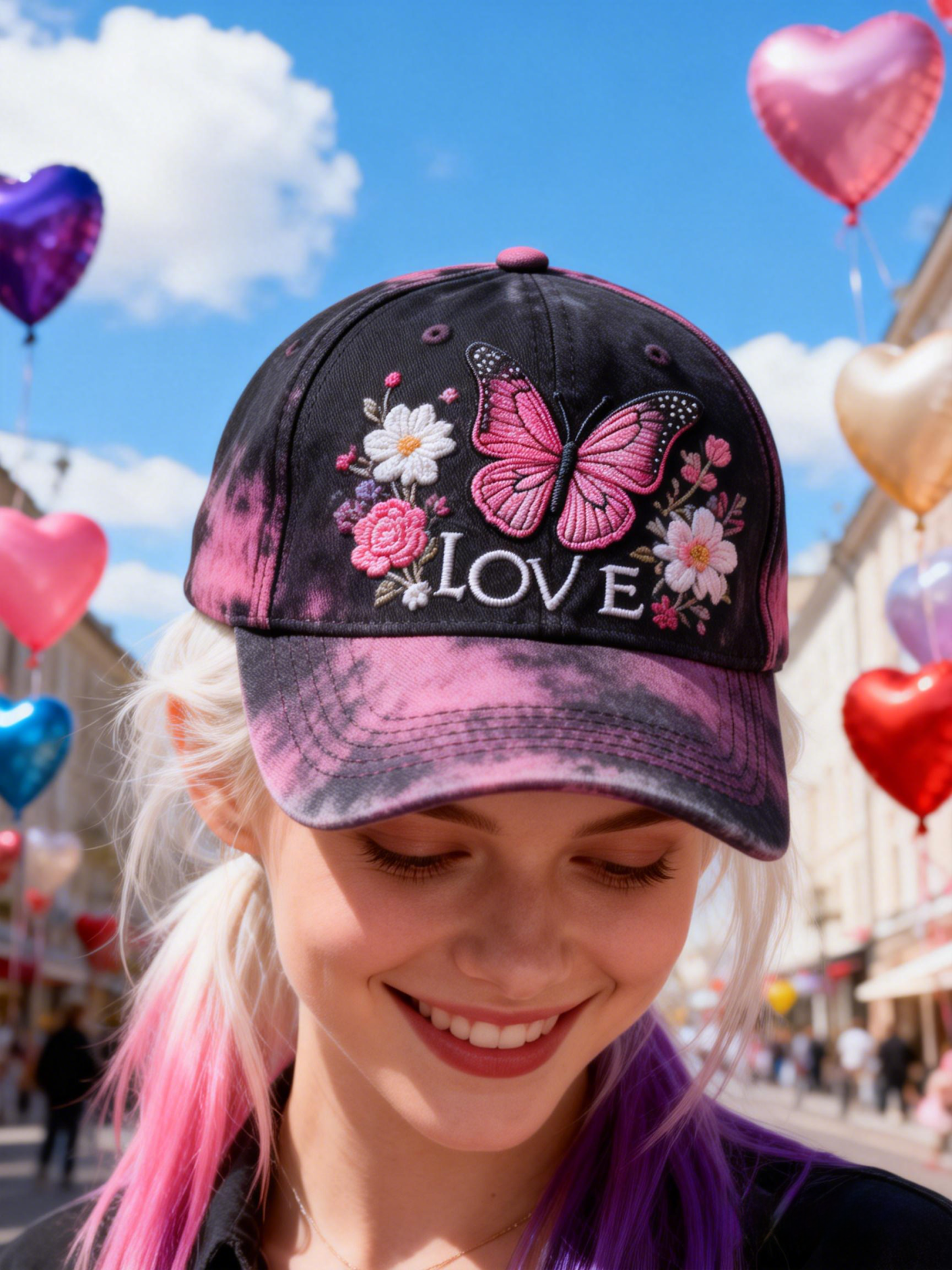 Pink Butterfly Flower LOVE Tie-Dye Baseball Cap