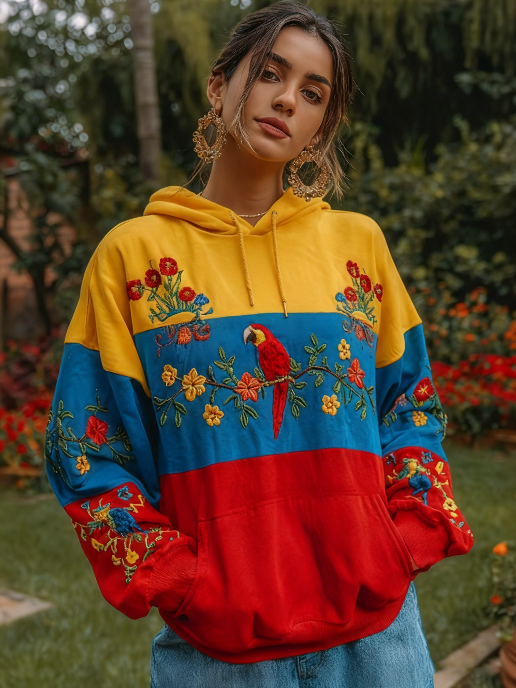 Women's Retro Venezuelan Parrot And Floral Pattern Casual Hoodie
