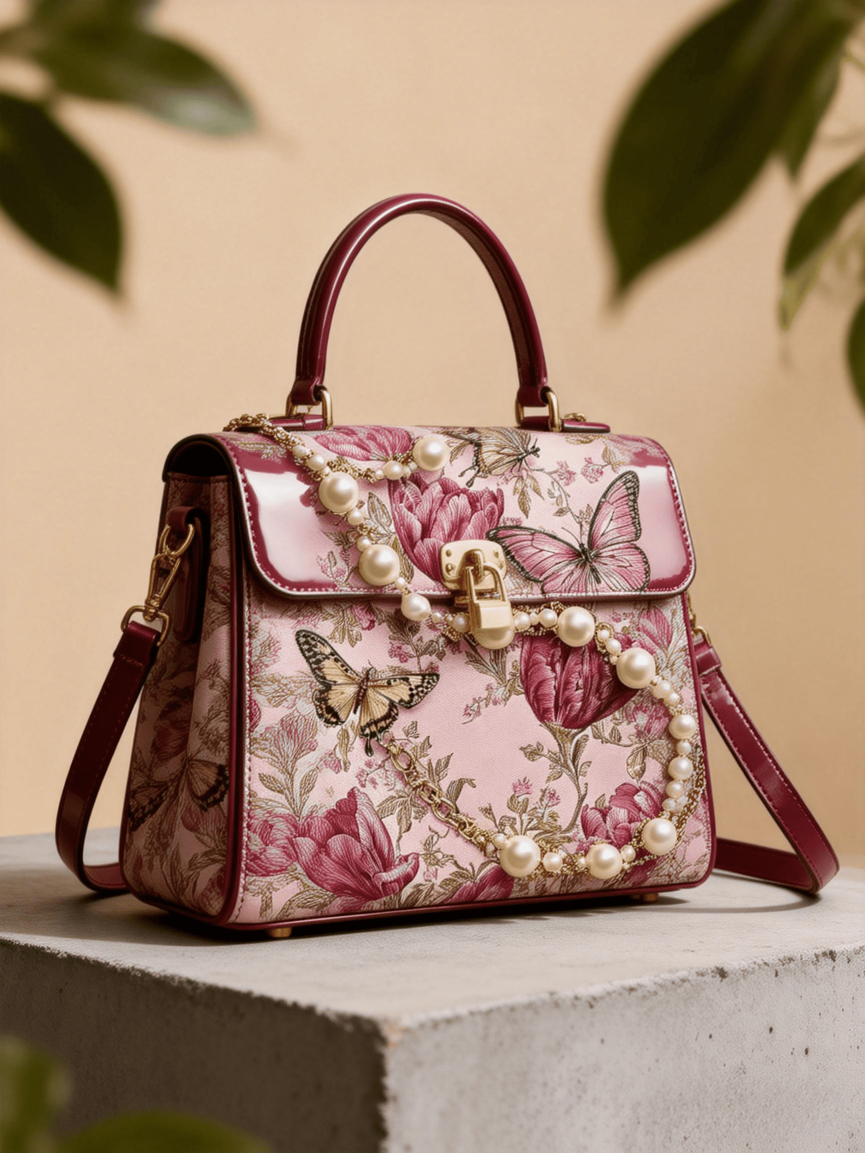 Burgundy Patent Leather Butterfly Floral Pearl Satchel Bag