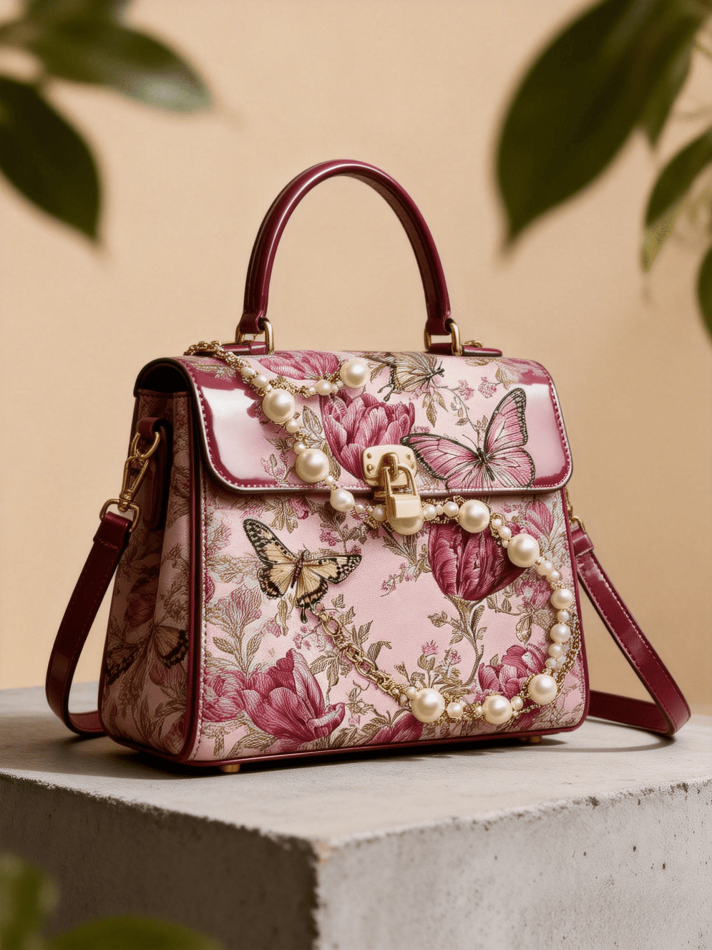 Burgundy Patent Leather Butterfly Floral Pearl Satchel Bag
