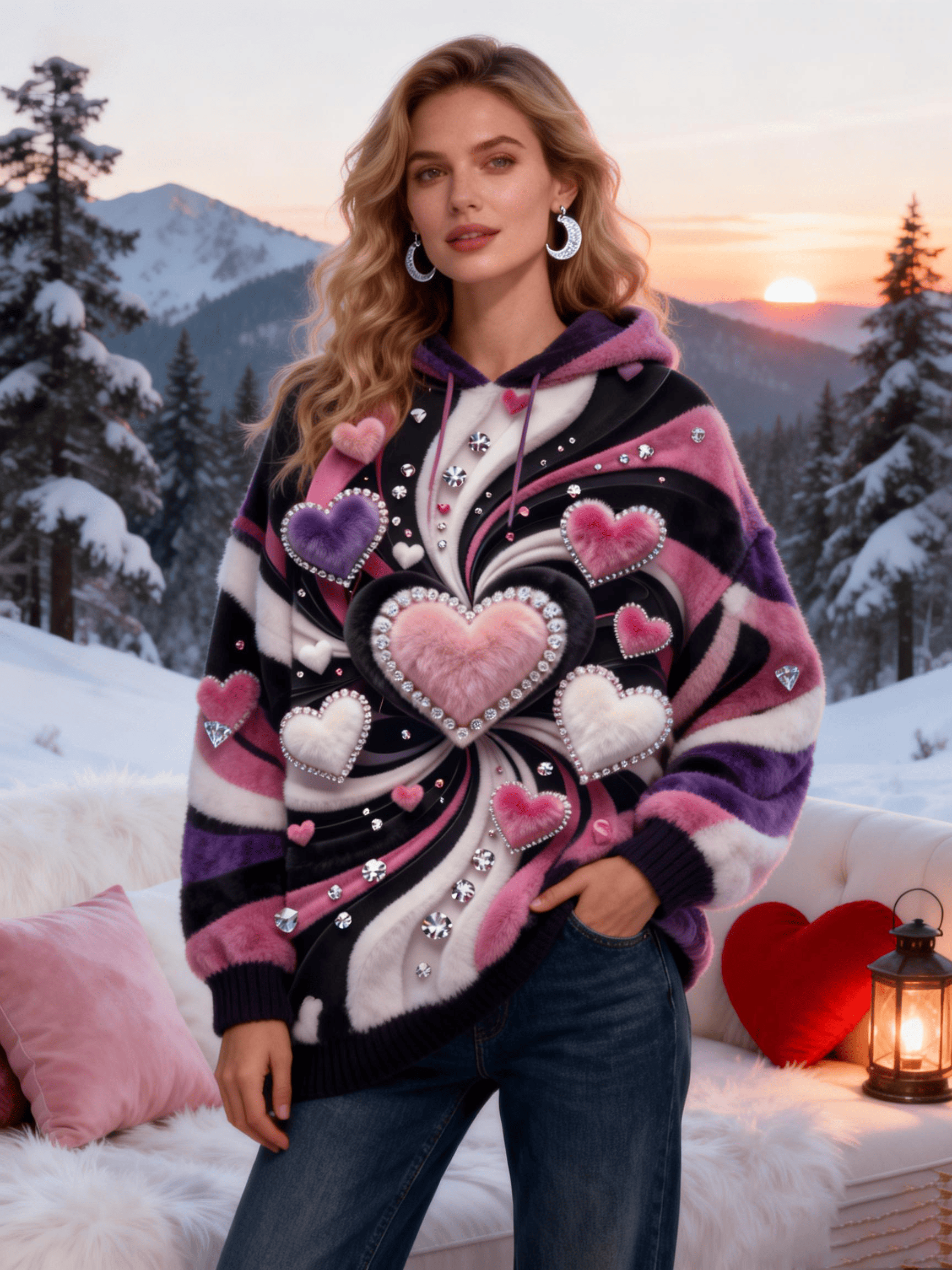 Women's Pink Purple White Rhinestone Heart Color-Block Hoodie