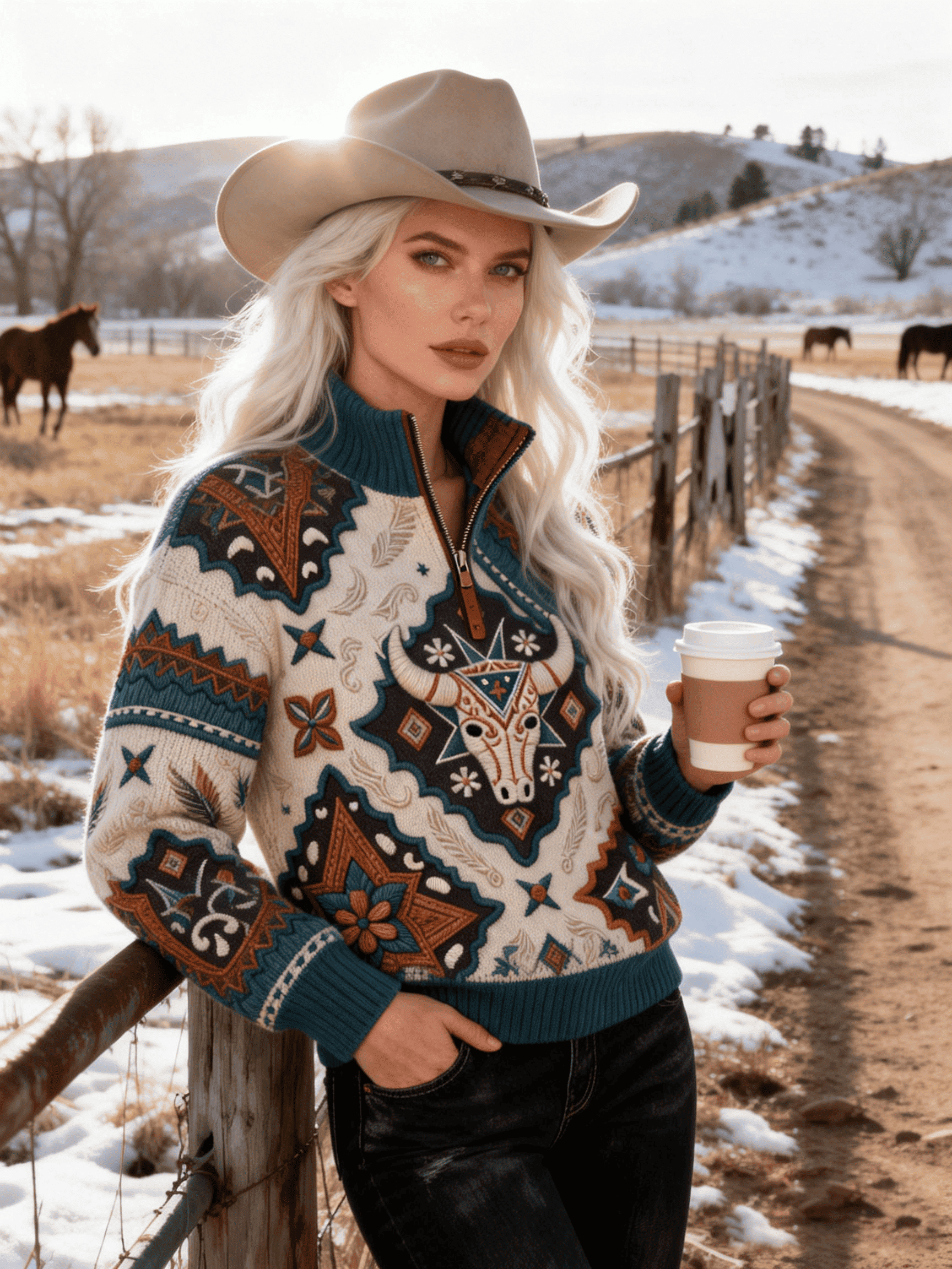 Women's Vintage Western Bull Skull Ethnic Geometric Half-Zip Sweater