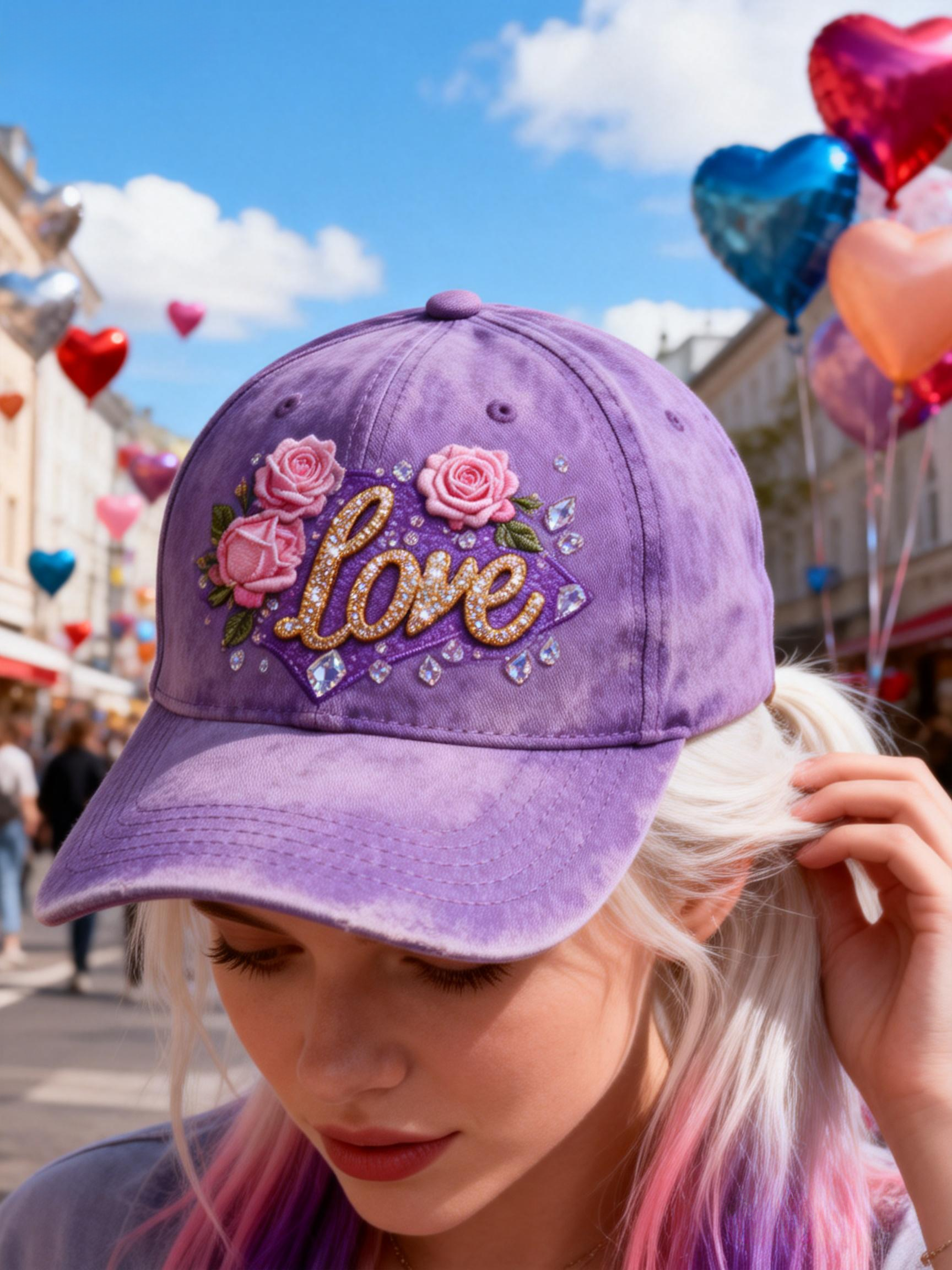 Pink Rose Rhinestone LOVE Purple Tie-Dye Cap