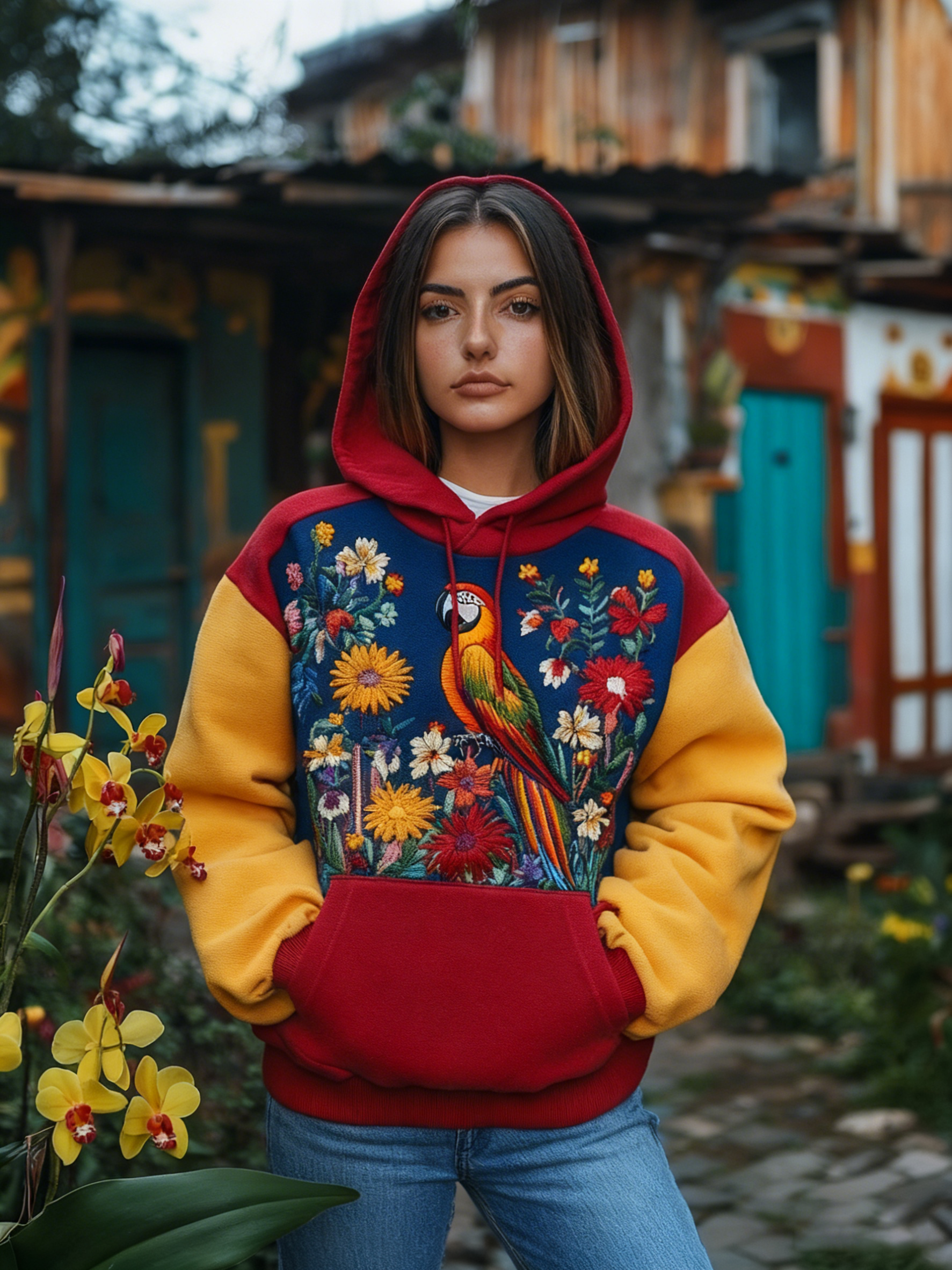 Women's Venezuelan Macaw With Cattleya Mossiae Contrast Color Hoodie