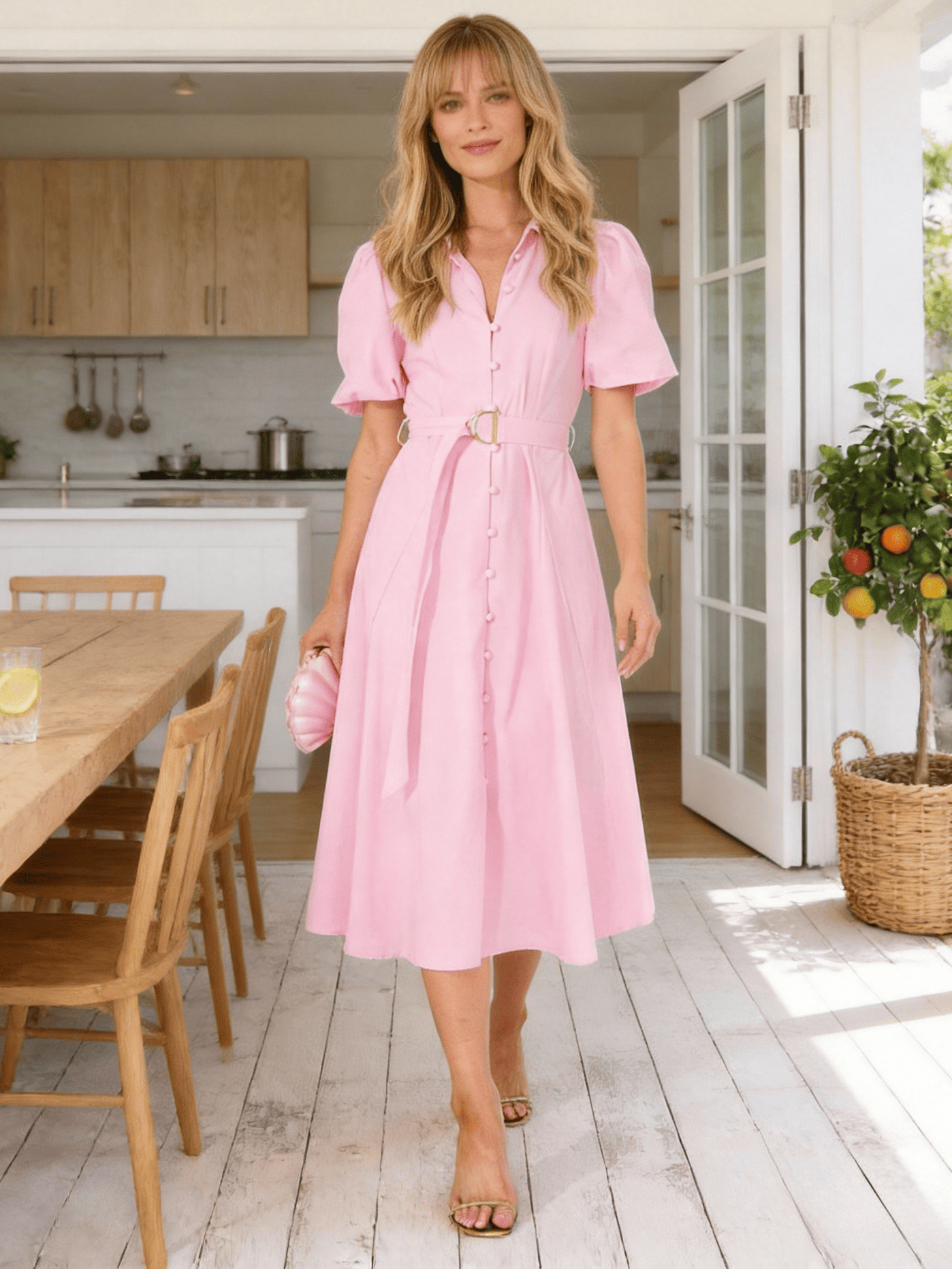 Women's Pink Collared Puff Sleeve Belted Shirt Midi Dress