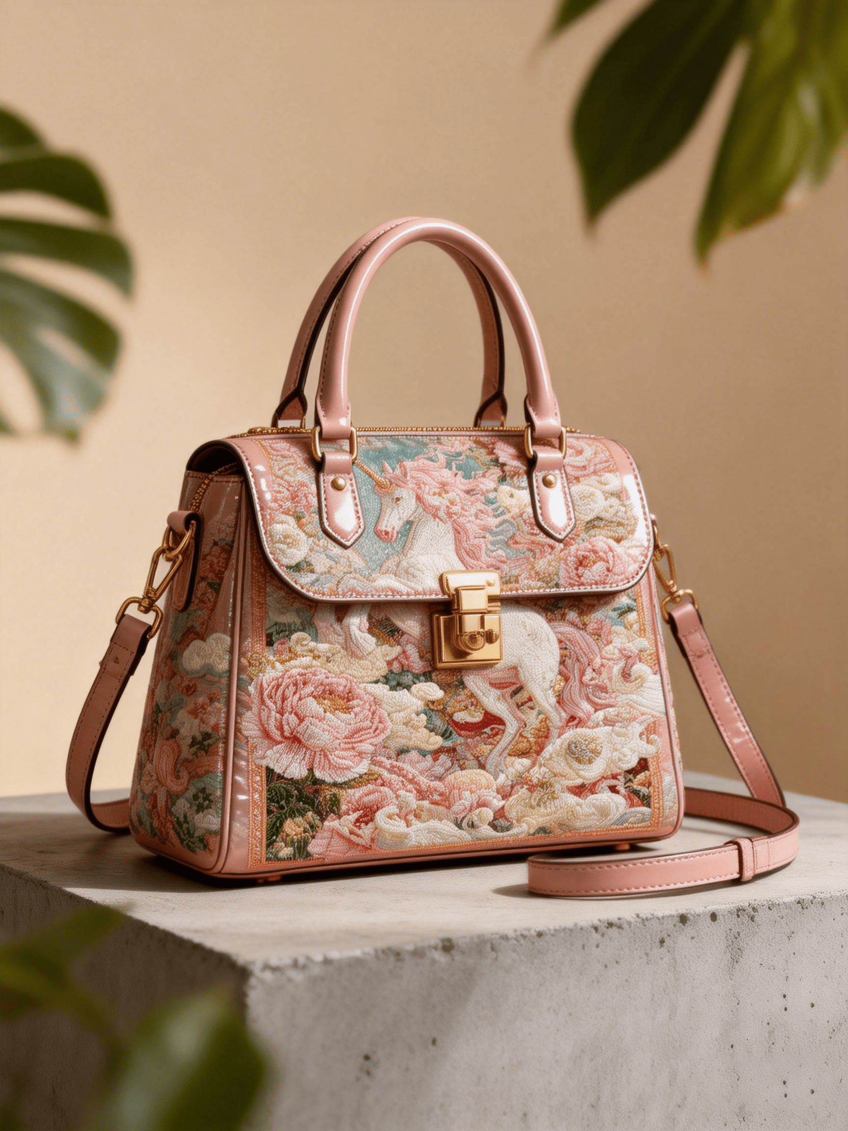 Light Pink Unicorn Floral Embroidery Satchel Bag