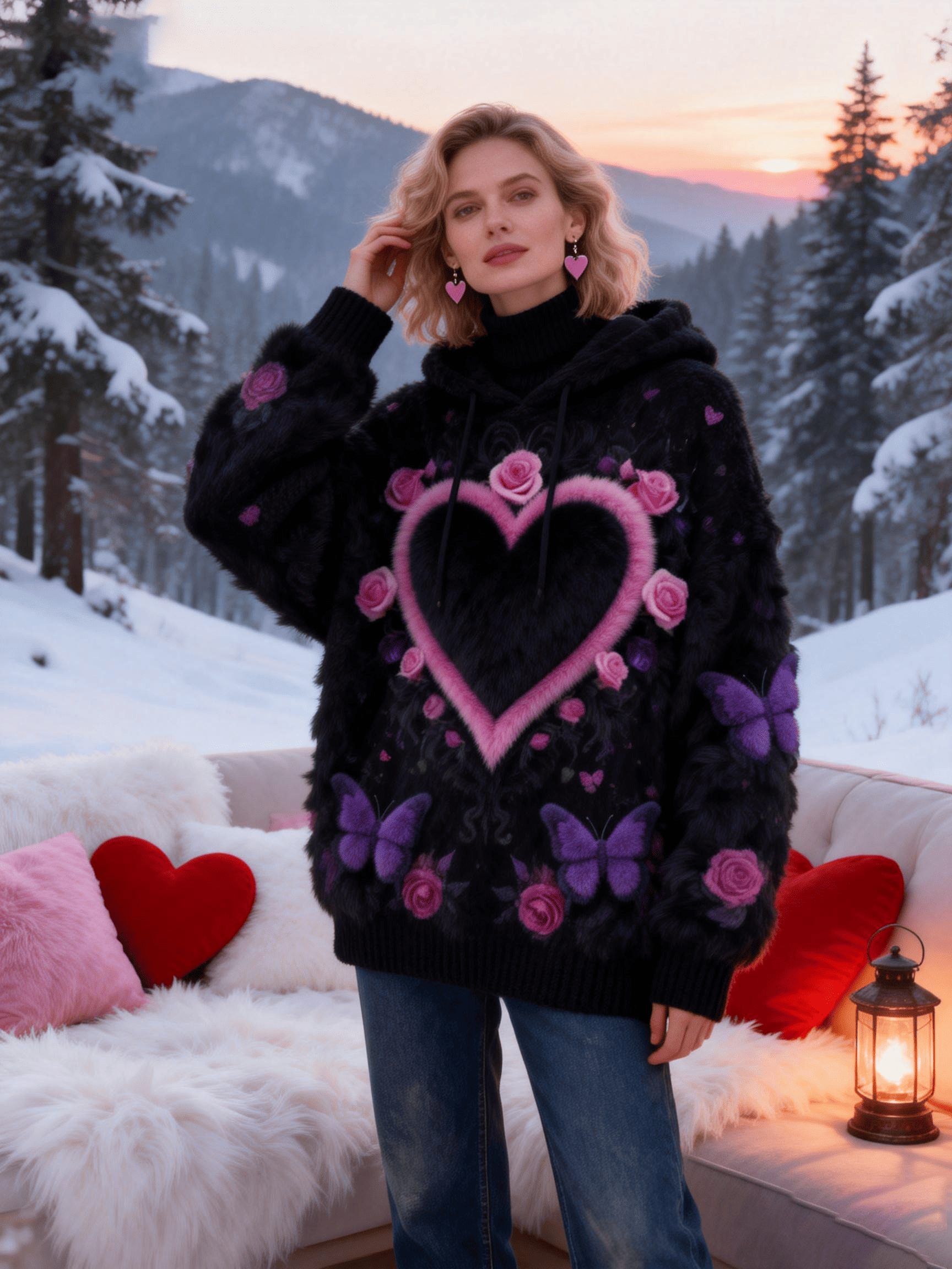 Women's Black Base Pink Purple Rose & Butterfly Heart Hoodie