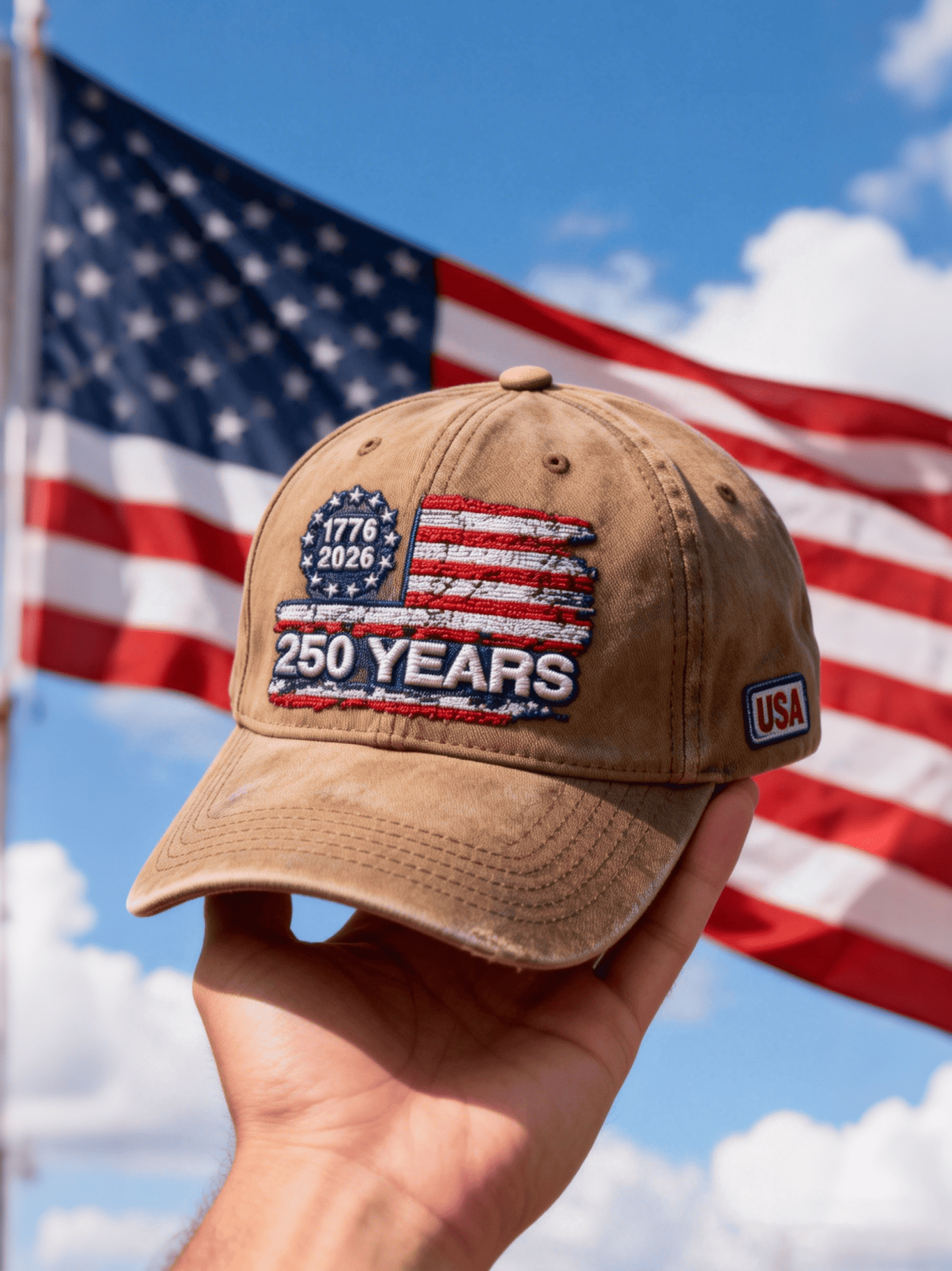 US 250th Anniversary Flag Distressed Khaki Cap (1776-2026)