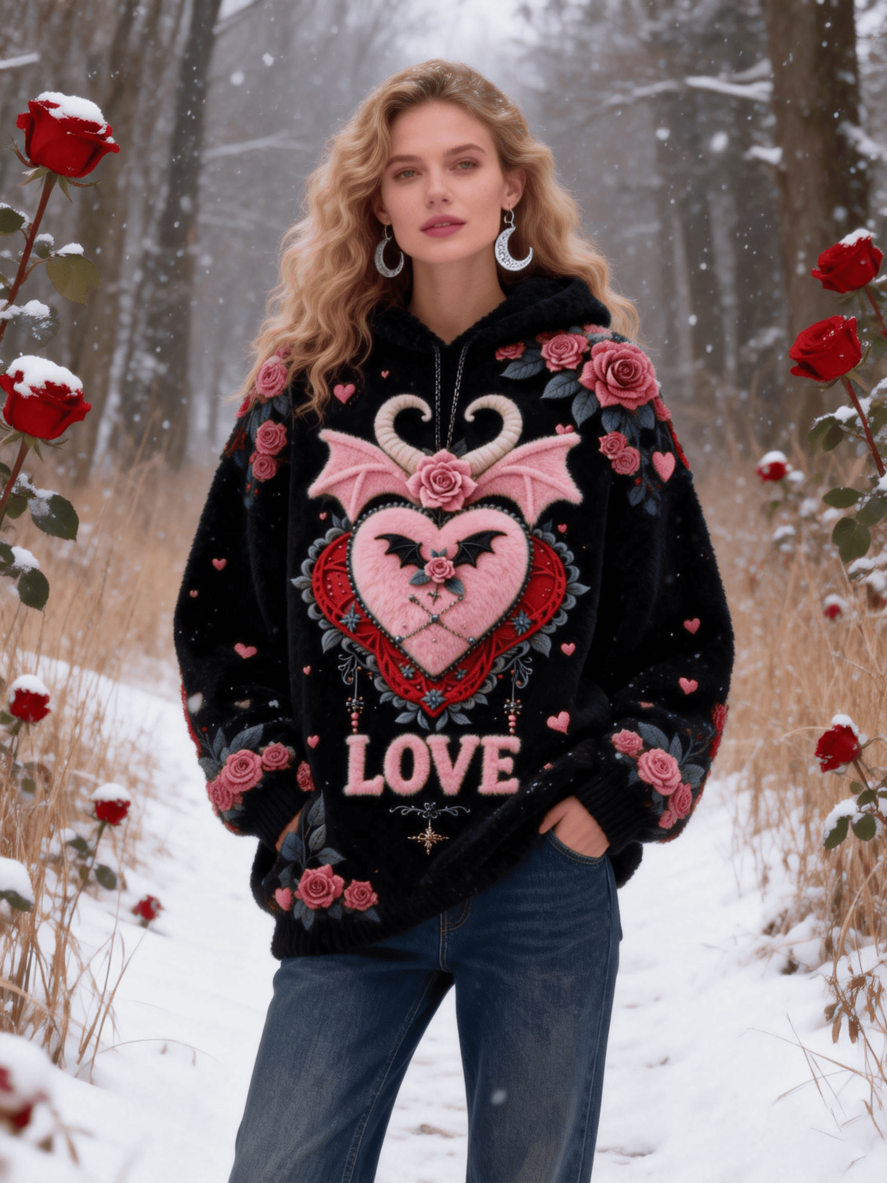 Women's Black & Pink Devil Wing Heart "Love" Hoodie