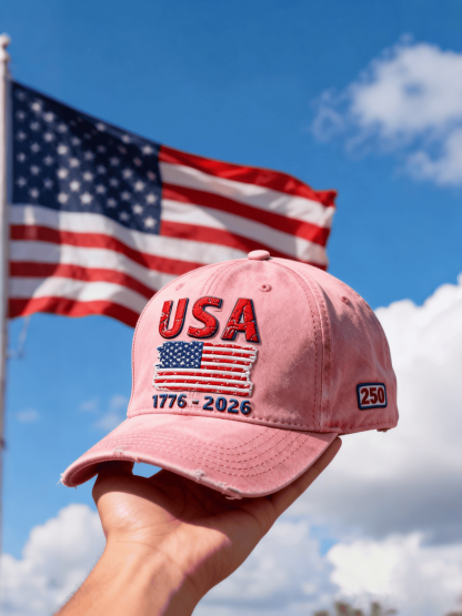 USA 250th Anniversary Flag Distressed Pink Cap (1776-2026)