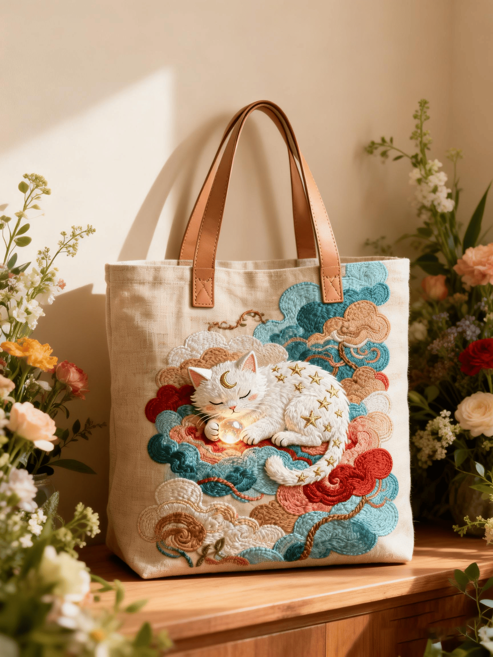 Starry Cat & Cloud Embroidered Canvas Tote