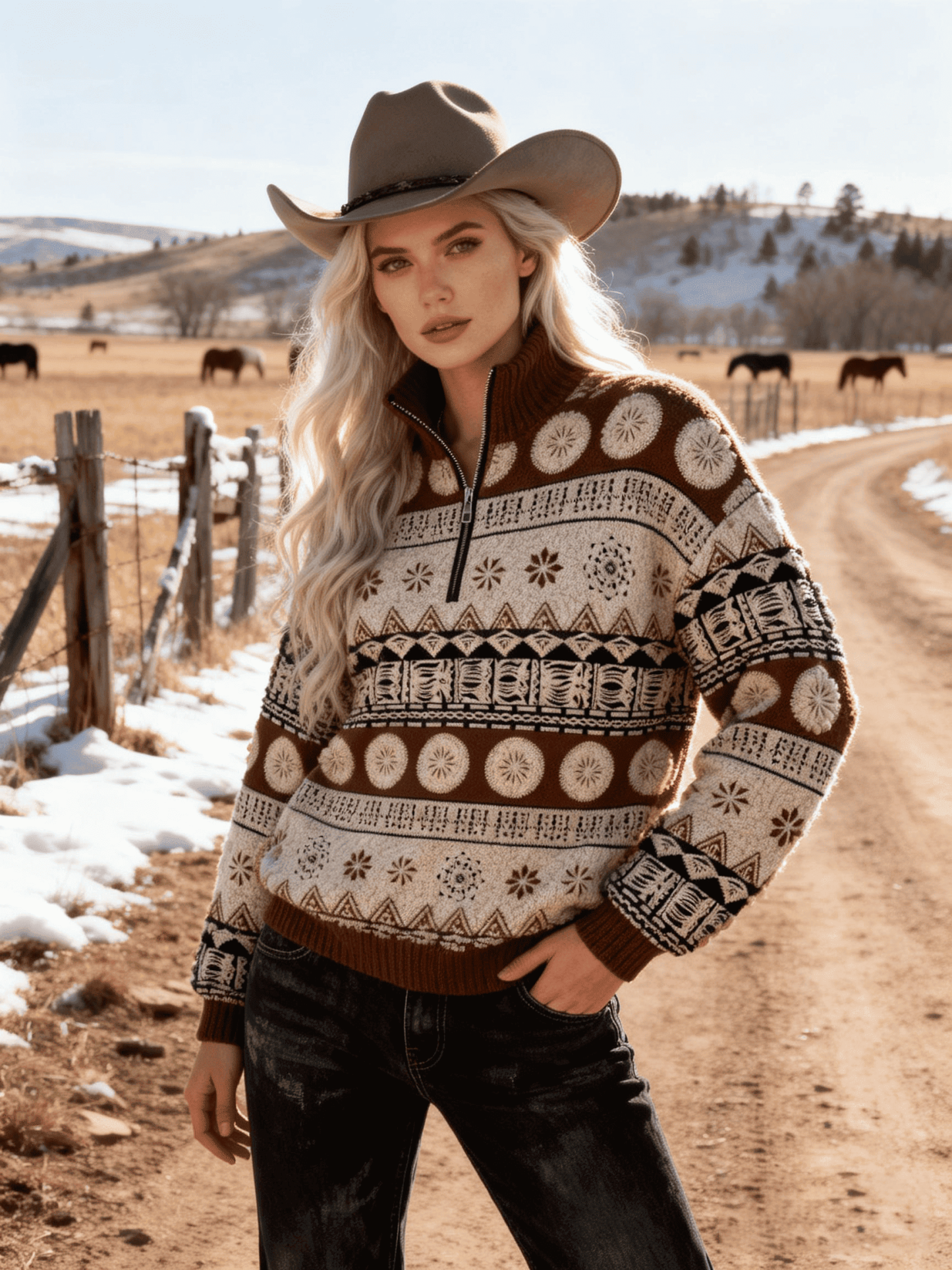 Women's Vintage Western Circular Pattern Ethnic Totem Half-Zip Sweater