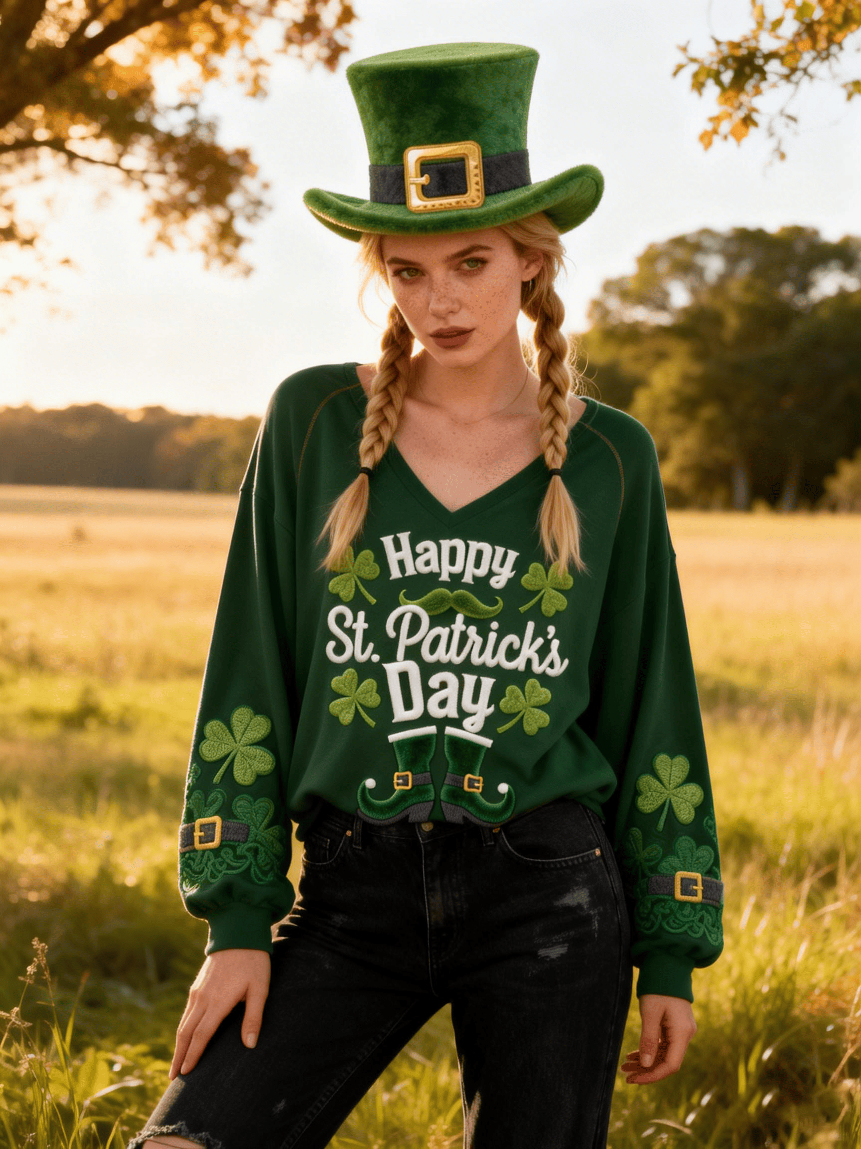 Women's St. Patrick's Green V-Neck Sweatshirt Leprechaun  Slogan