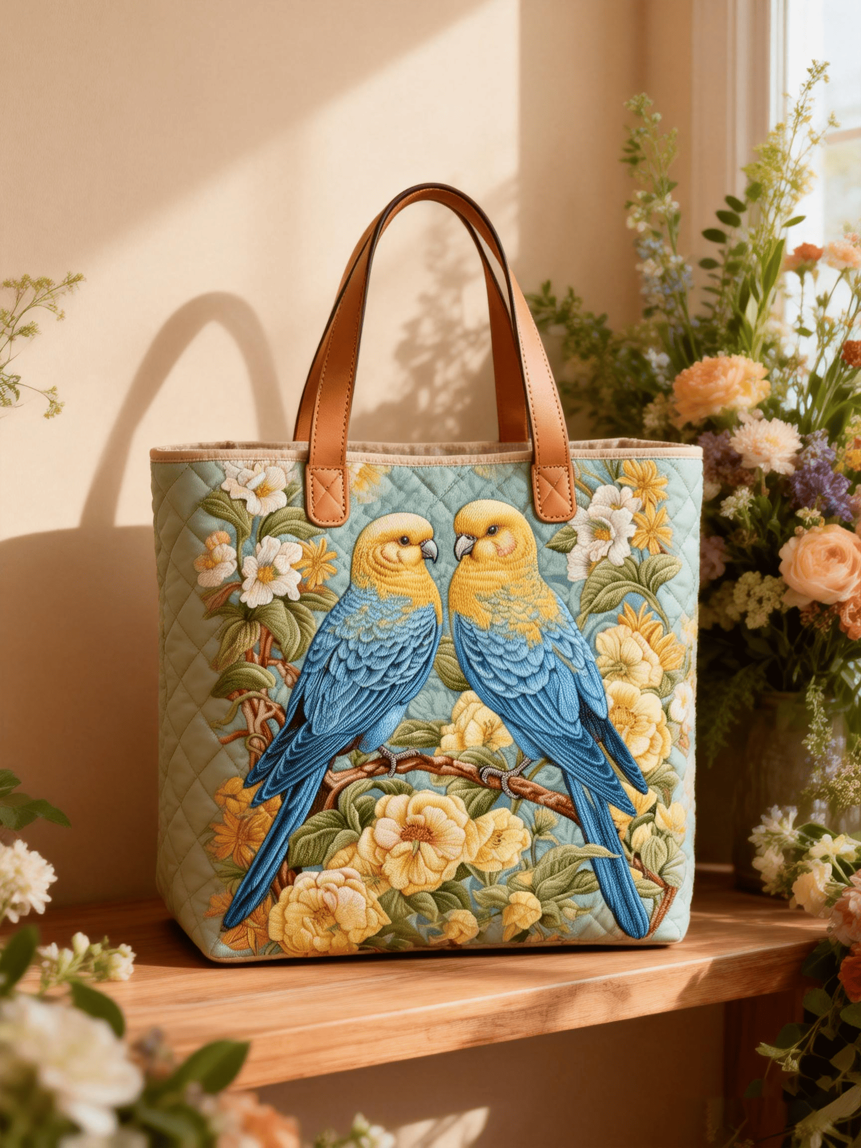 Twin Blue Parrots Floral Embroidered Tote